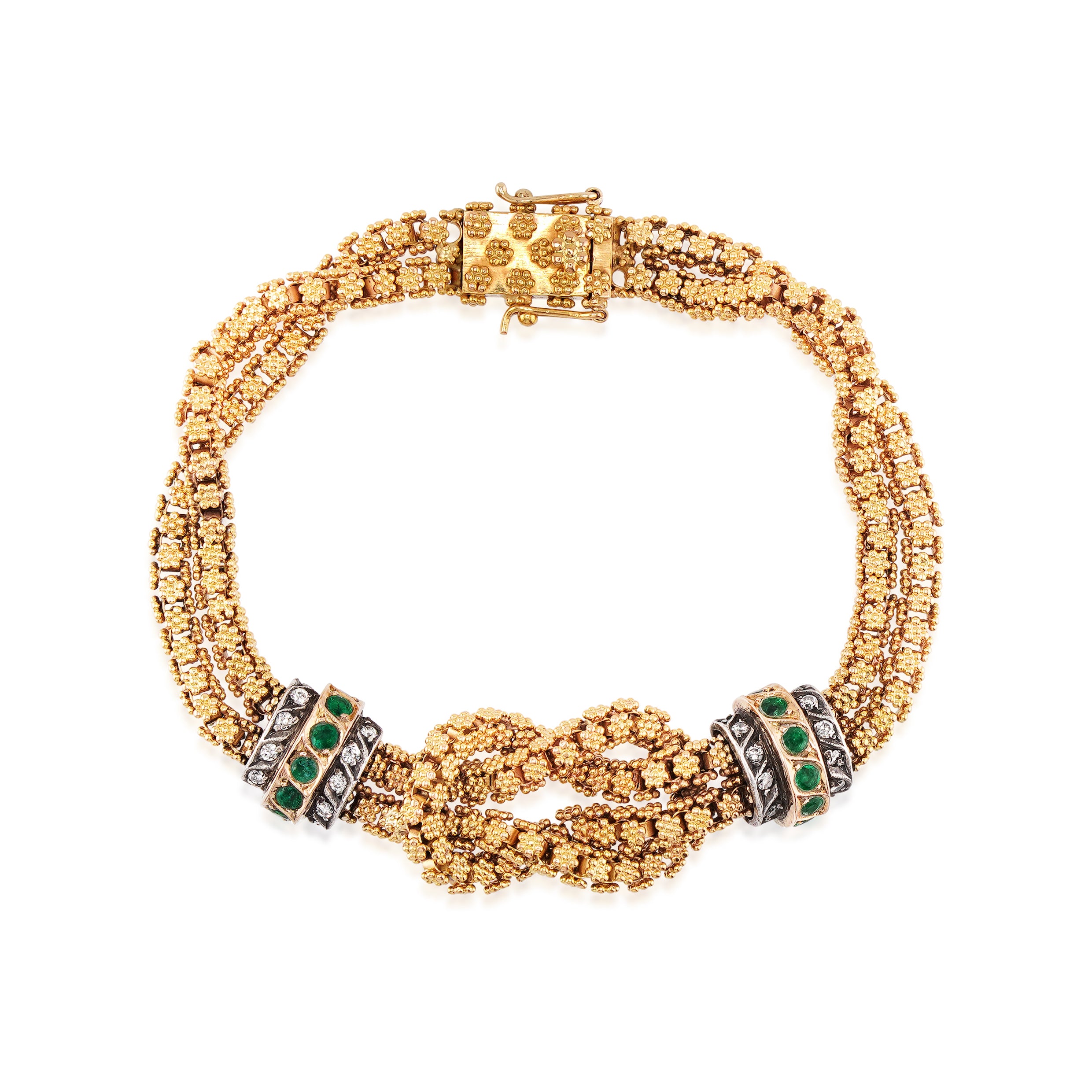 18kt Yellow Gold, Emerald, and Diamond Knot Chain Bracelet