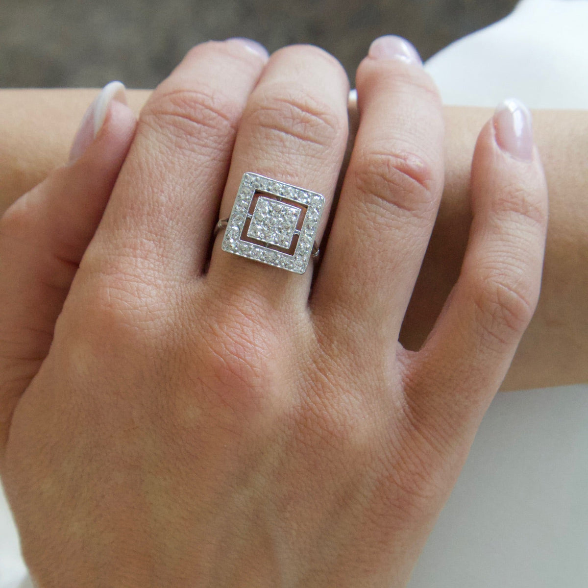 Art Deco Platinum and Diamond Square Ring