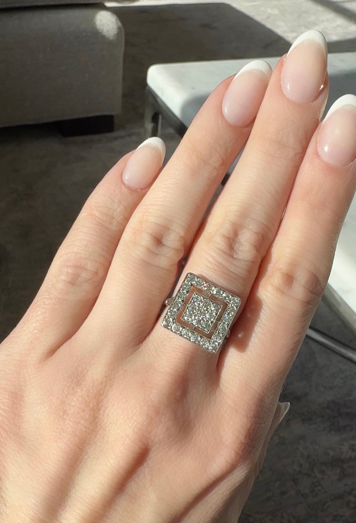 Art Deco Platinum and Diamond Square Ring