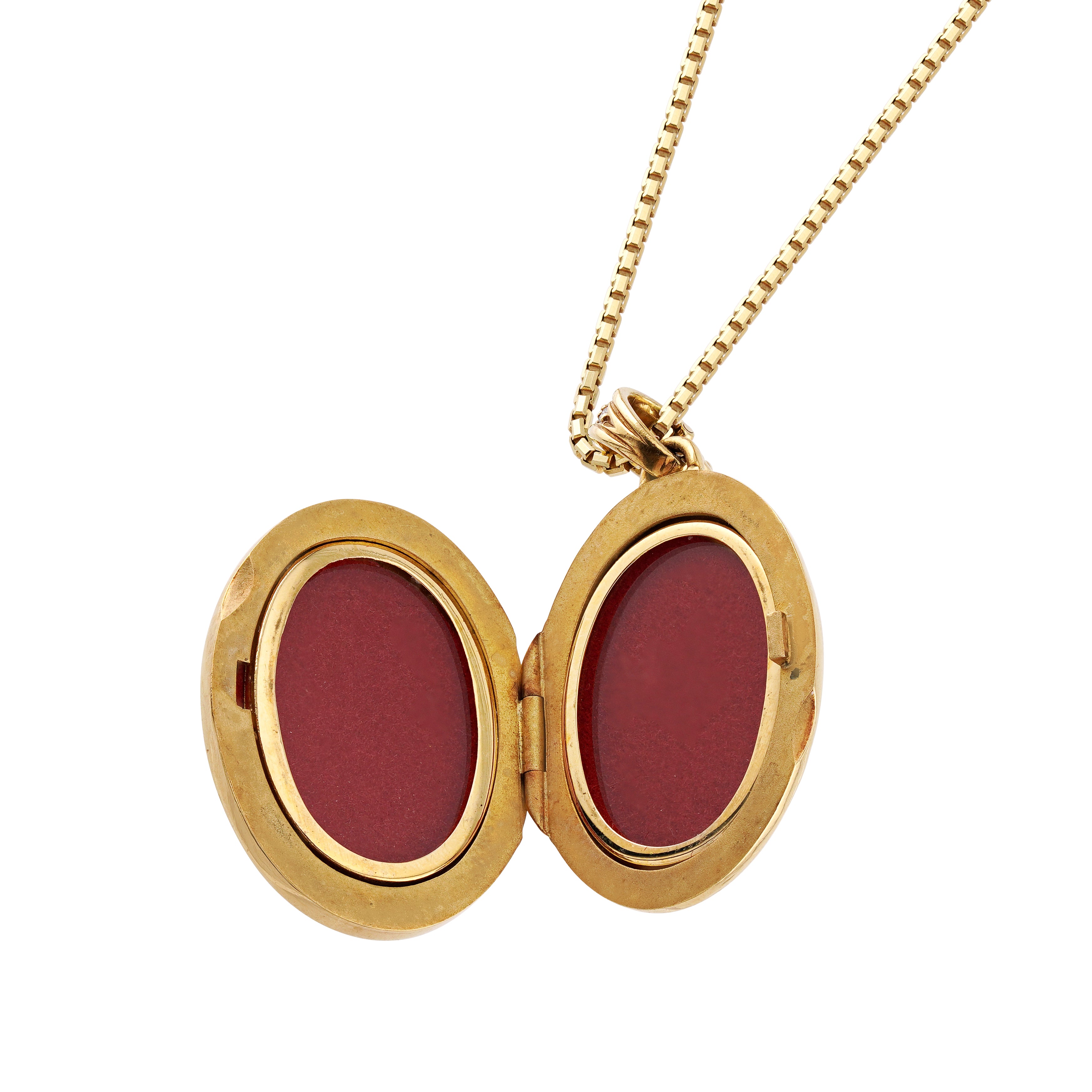 18kt yellow gold enamel and diamond locket necklace on white background, view of open locket