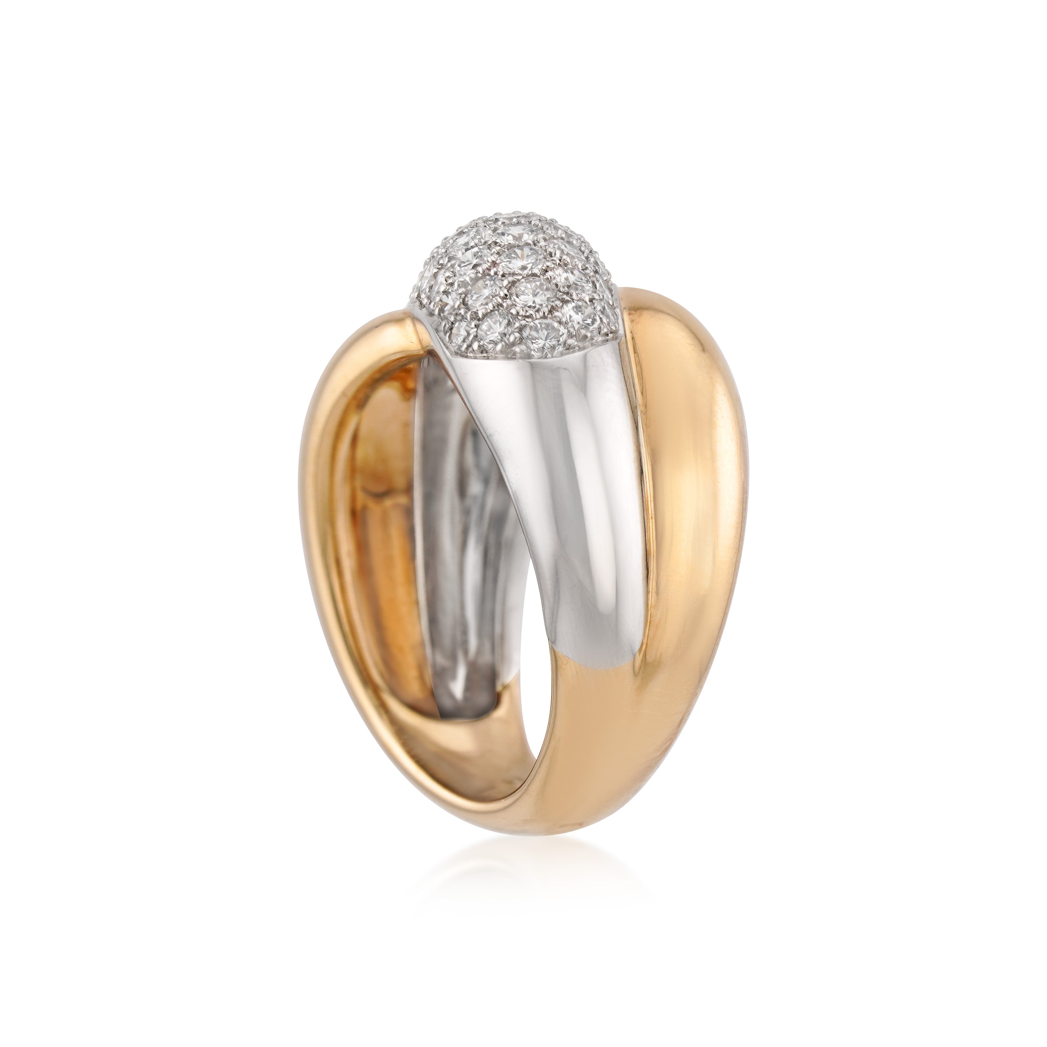 standing side view of vintage cartier paris 18kt yellow gold platinum and diamond colisee ring