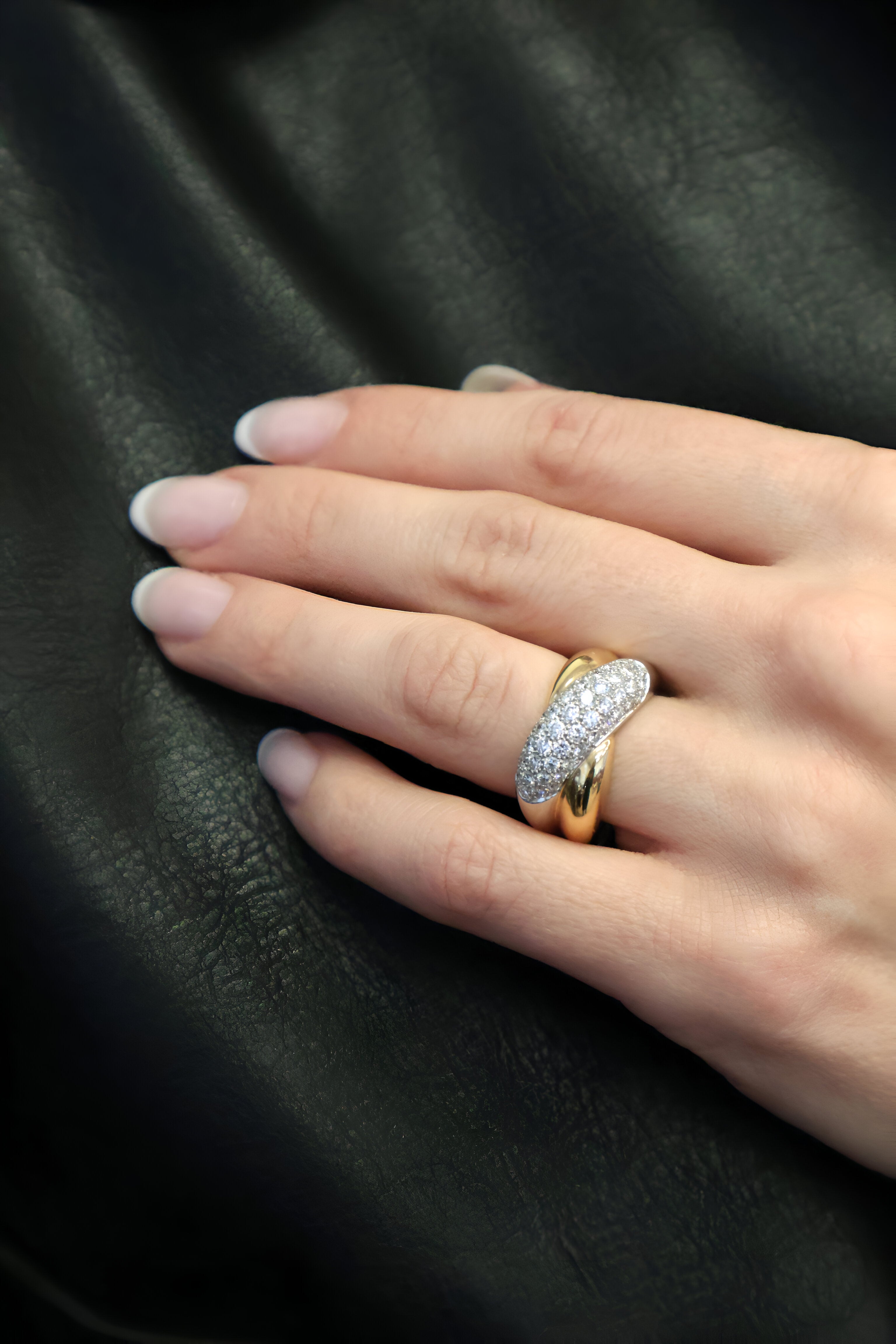 vintage cartier paris 18kt yellow gold platinum and diamond colisee ring on hand