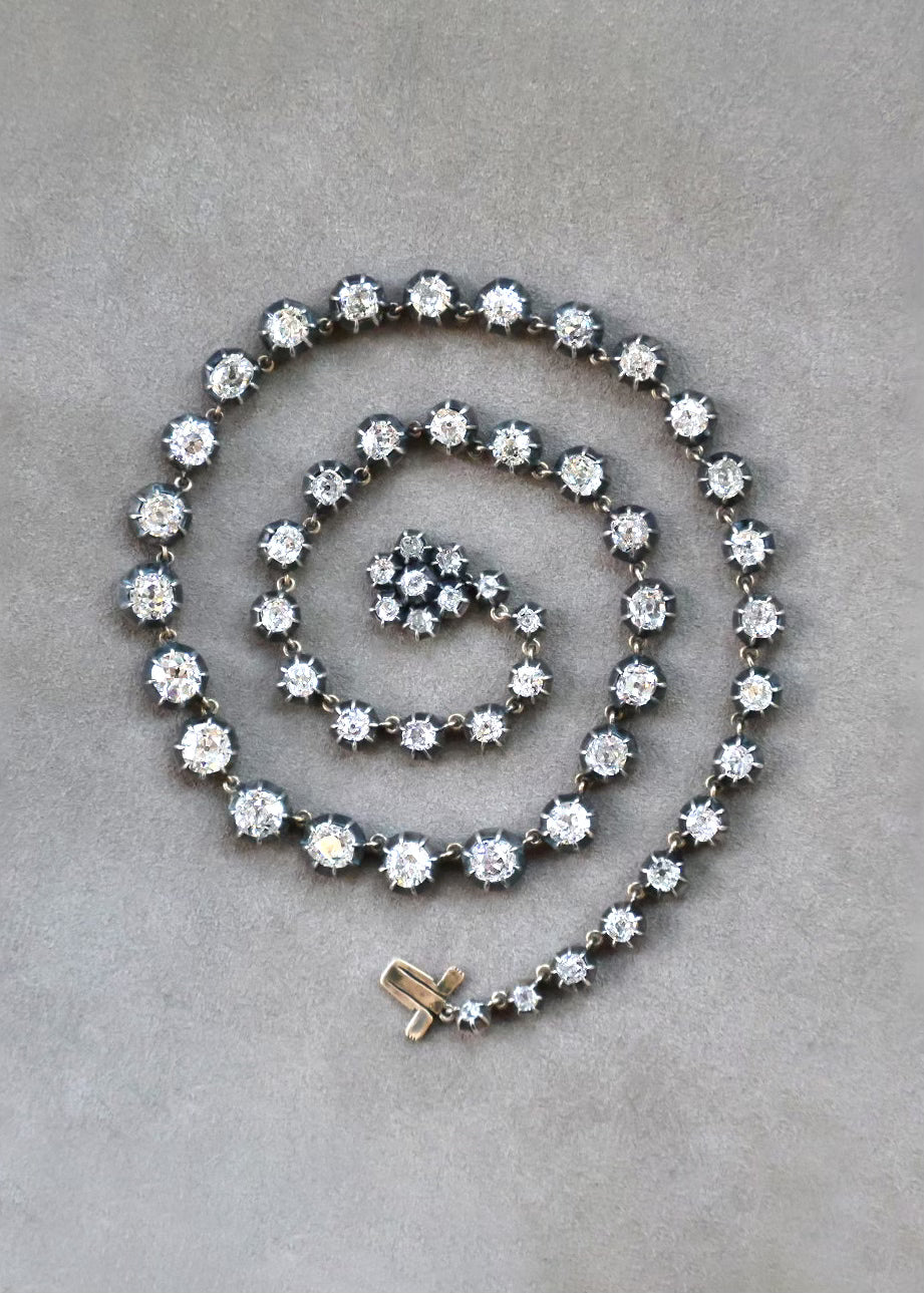 Silver and Yellow Gold Old Mine Diamond Rivière Necklace