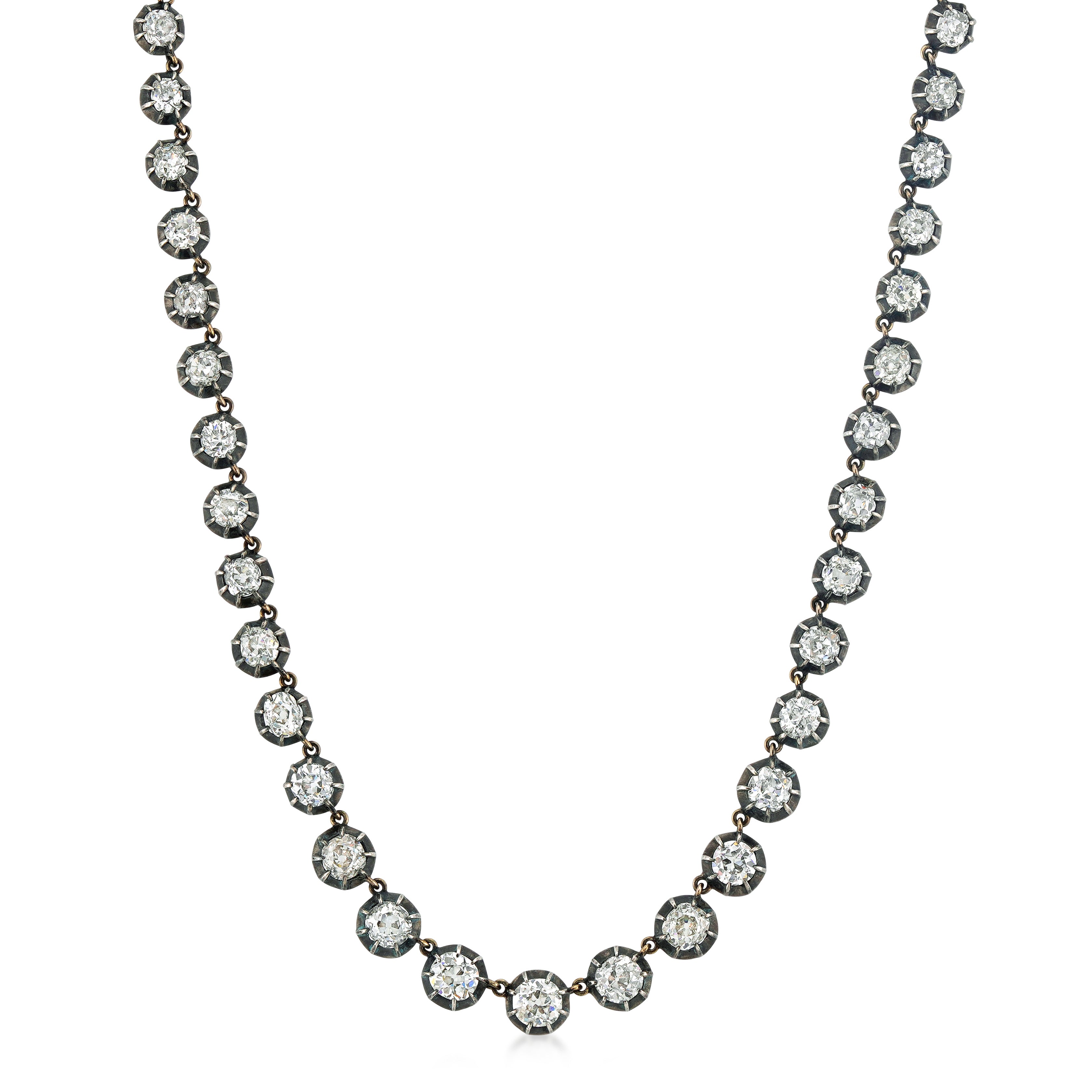 Silver and Yellow Gold Old Mine Diamond Rivière Necklace