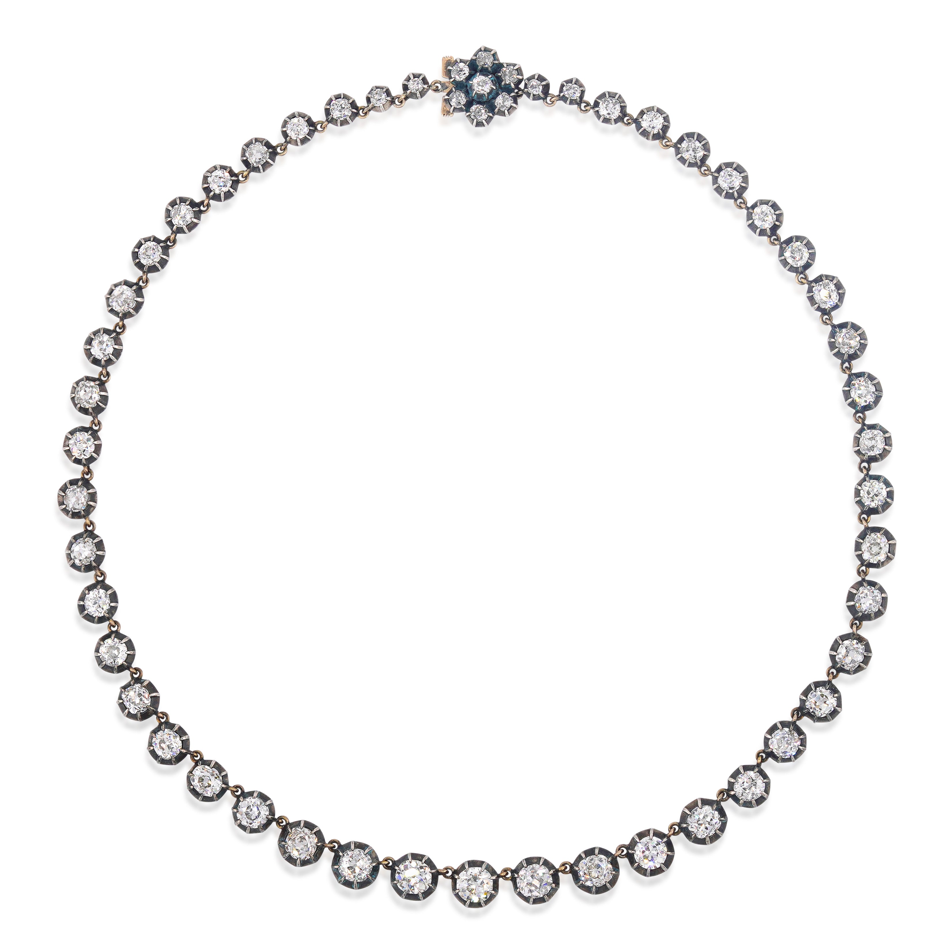 Silver and Yellow Gold Old Mine Diamond Rivière Necklace