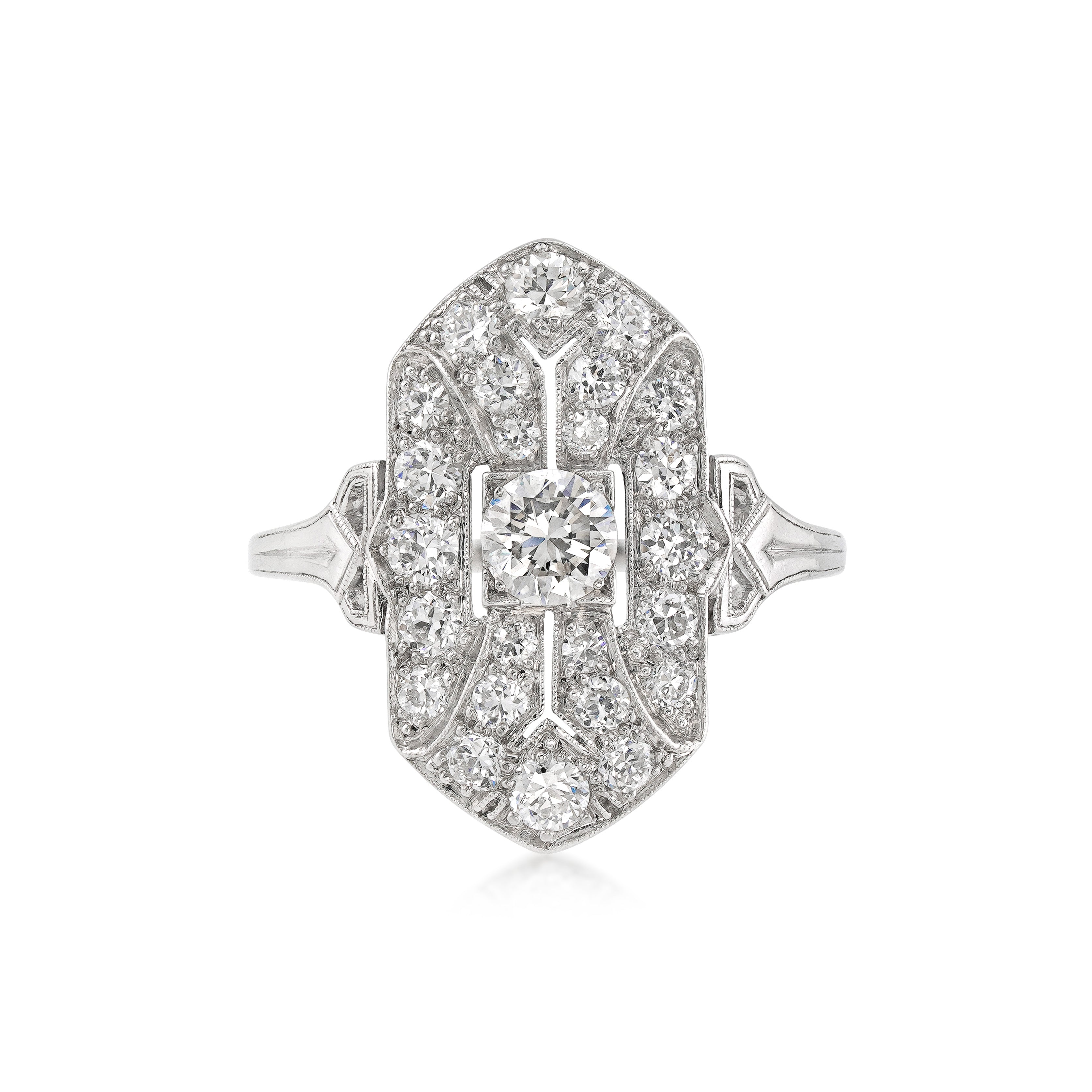Art Deco Tiffany platinum and diamond navette shaped ring on white background