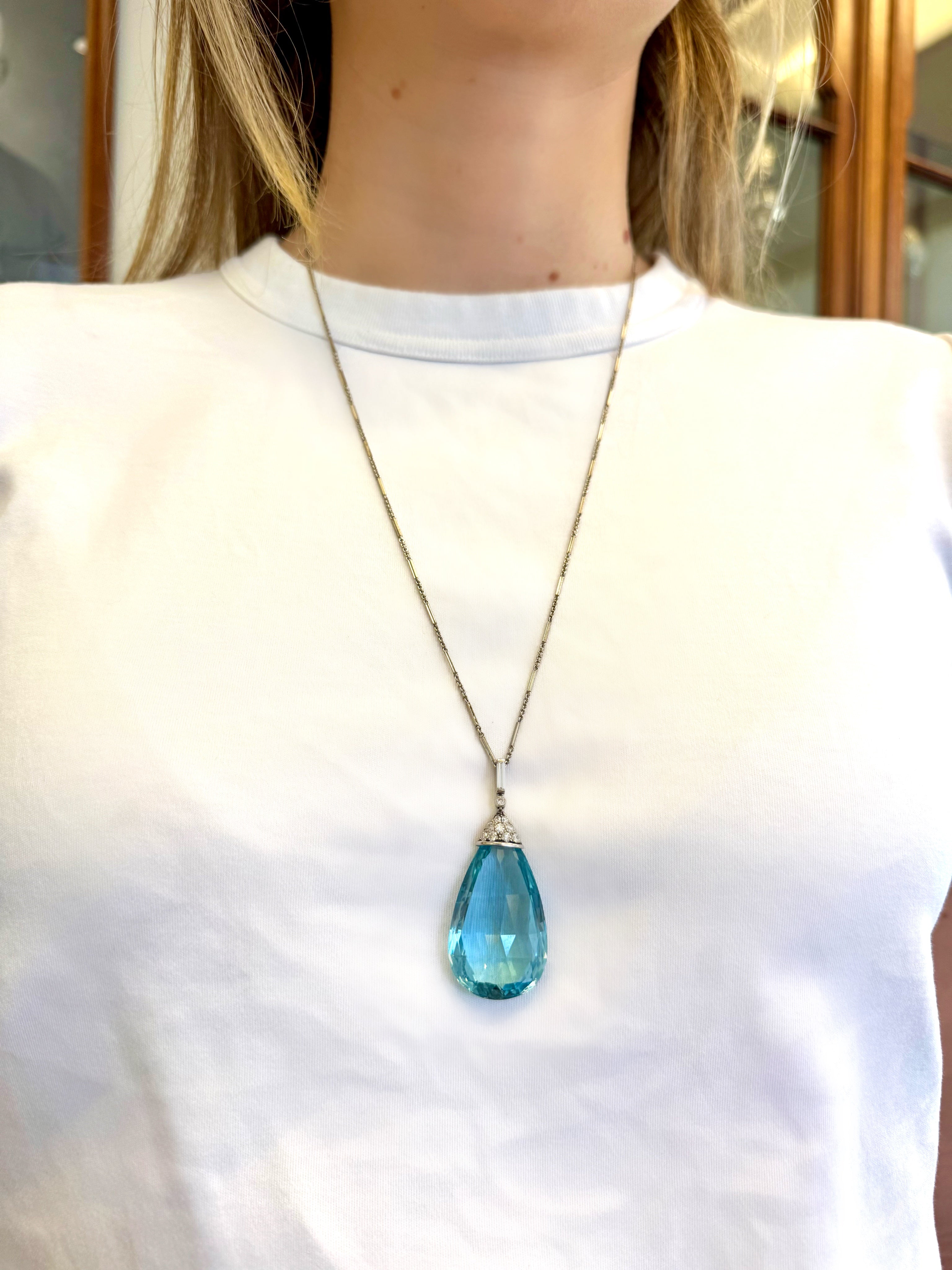 Platinum, Briolette Aquamarine, and Diamond Pendant Necklace
