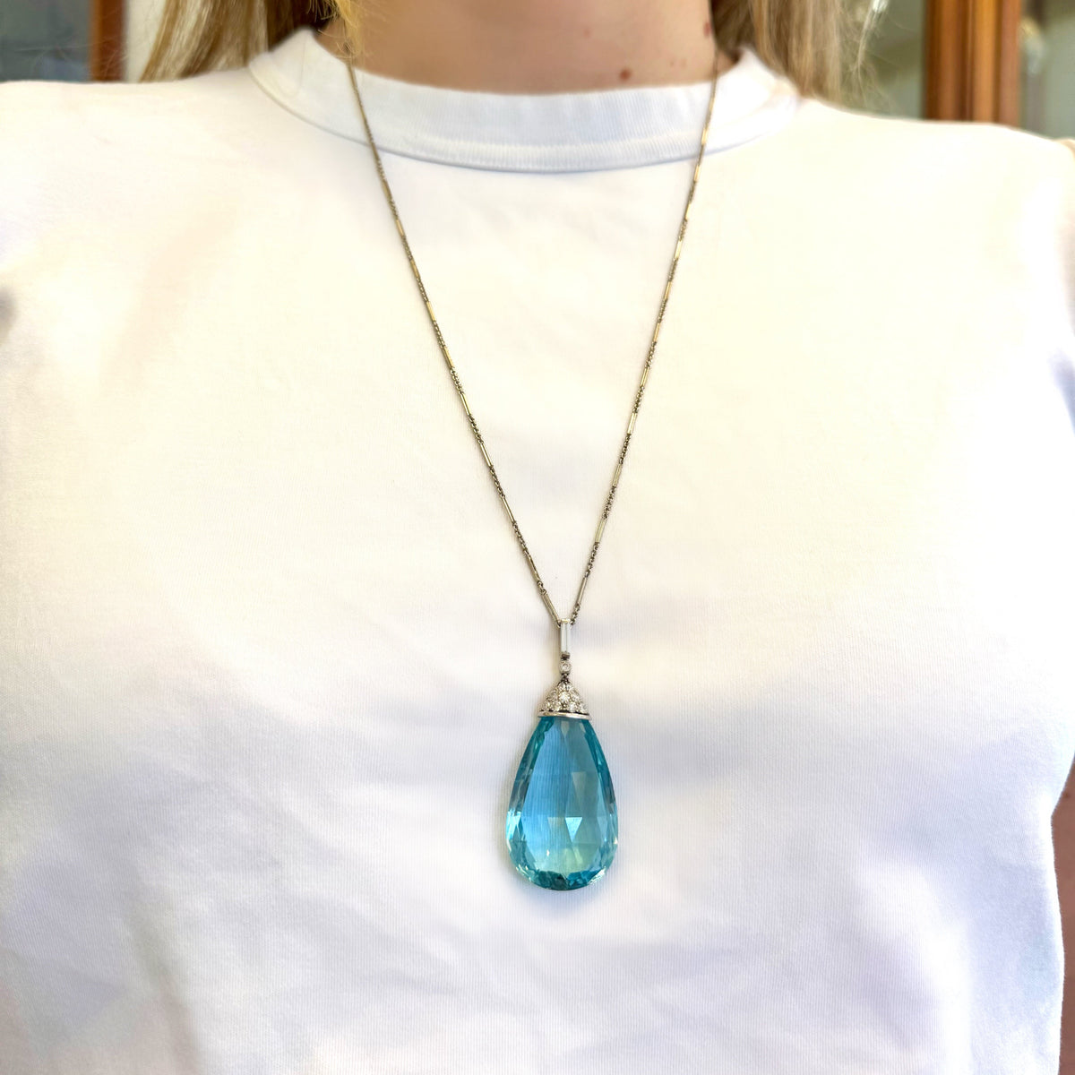 Platinum, Briolette Aquamarine, and Diamond Pendant Necklace