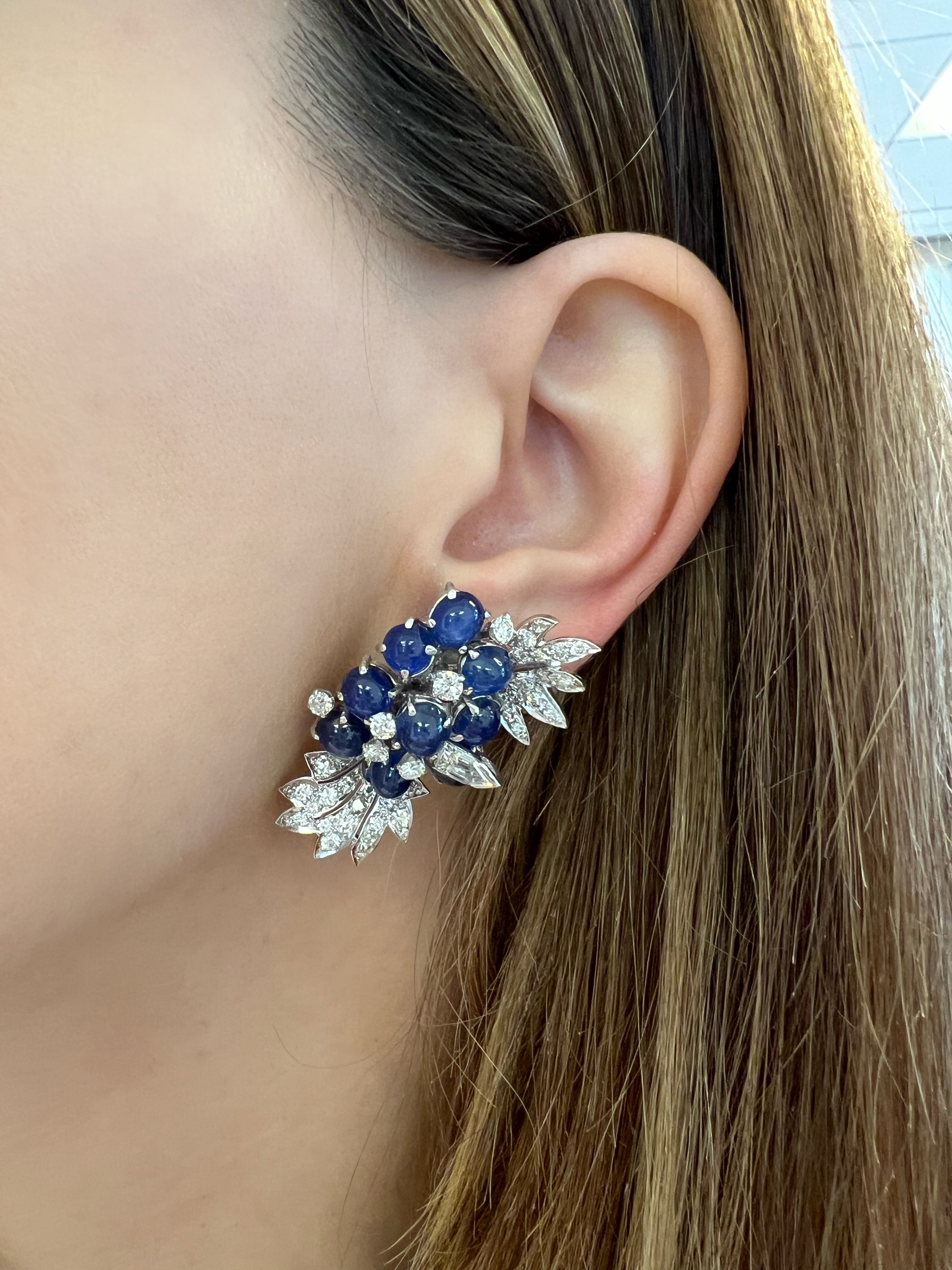 David Webb Platinum, Cabochon Sapphire, and Diamond Earclips