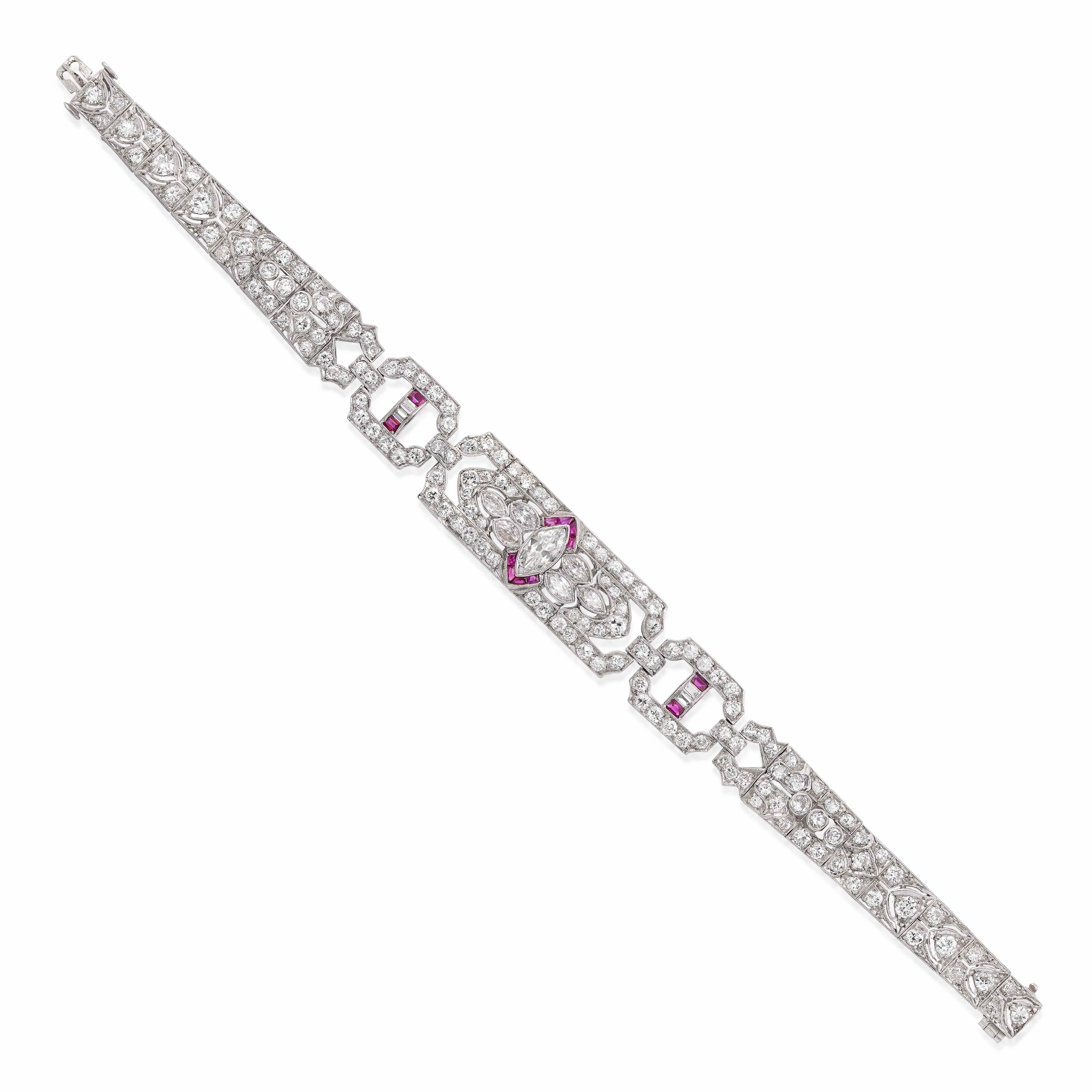 Art Deco Platinum, Diamond, and Ruby Bracelet