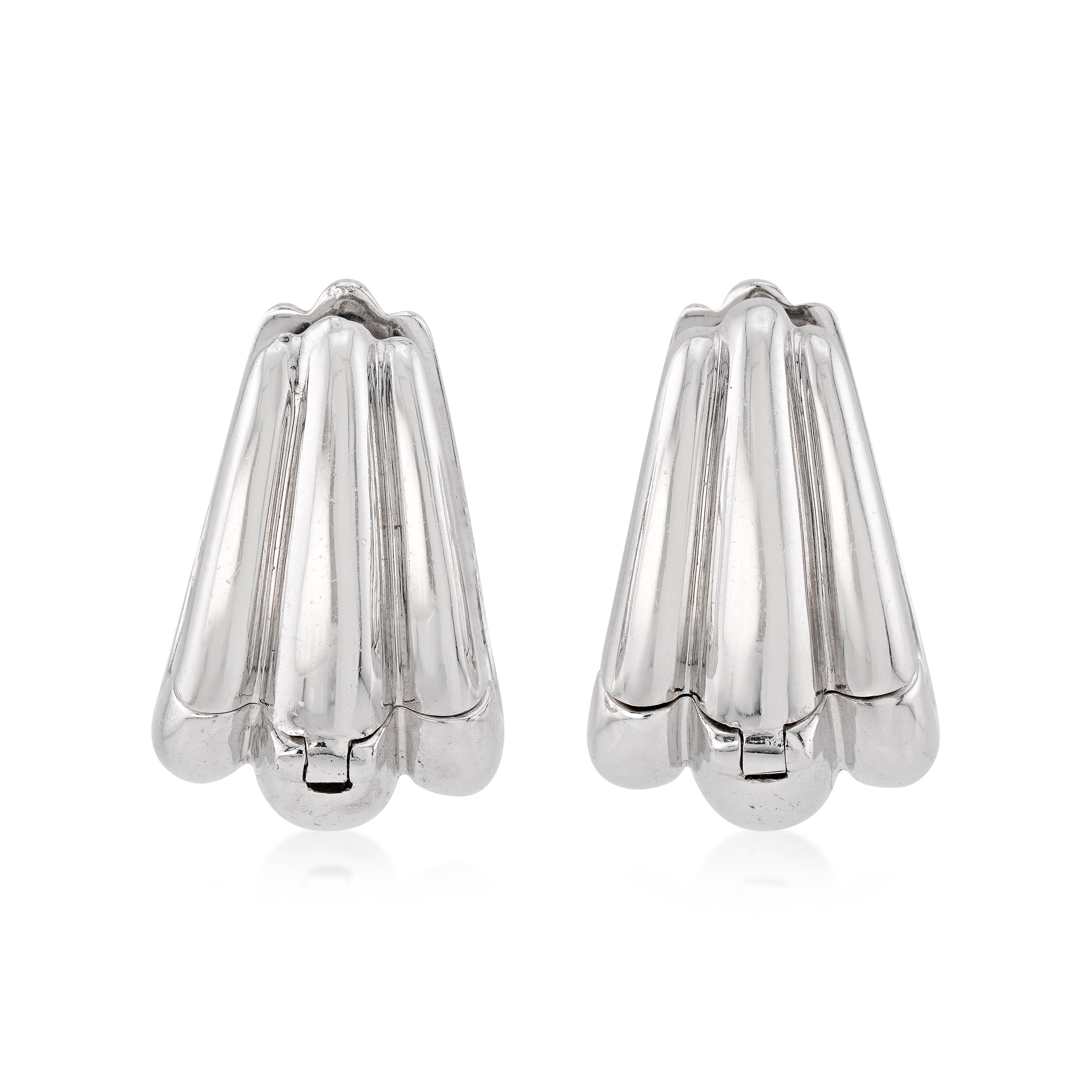 vintage 18kt white gold and diamond hoops back view on white background