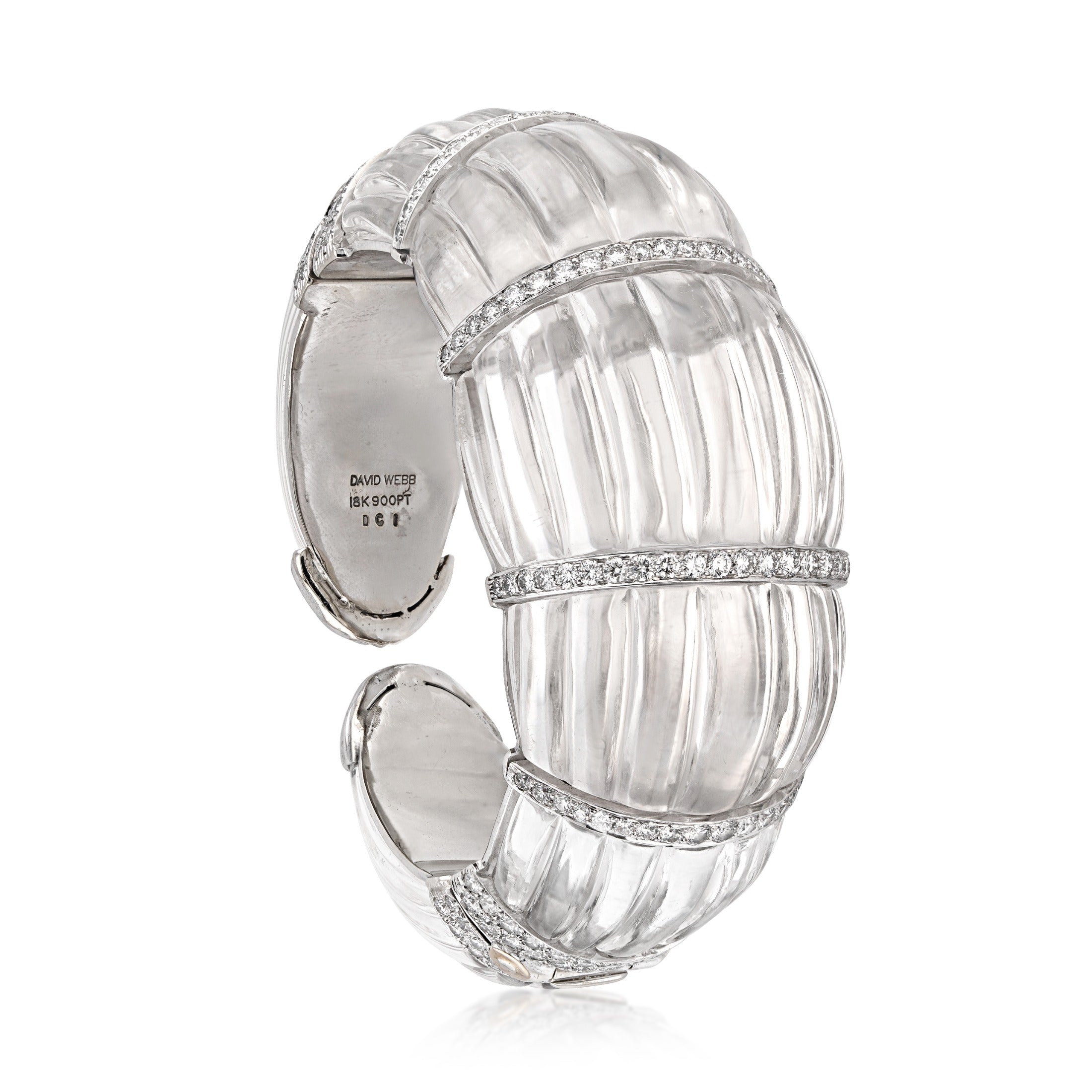 David Webb 18kt White Gold, Platinum, Rock Crystal, and Diamond Cuff Bracelet