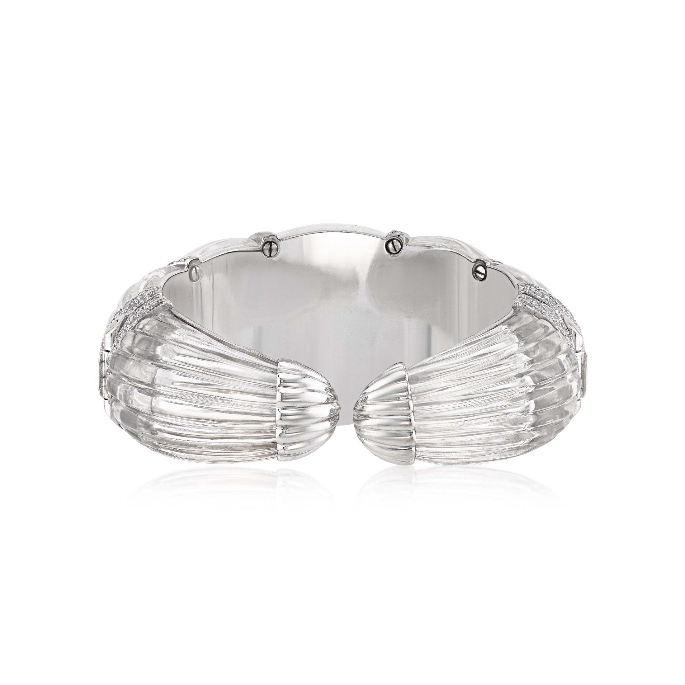 David Webb 18kt White Gold, Platinum, Rock Crystal, and Diamond Cuff Bracelet