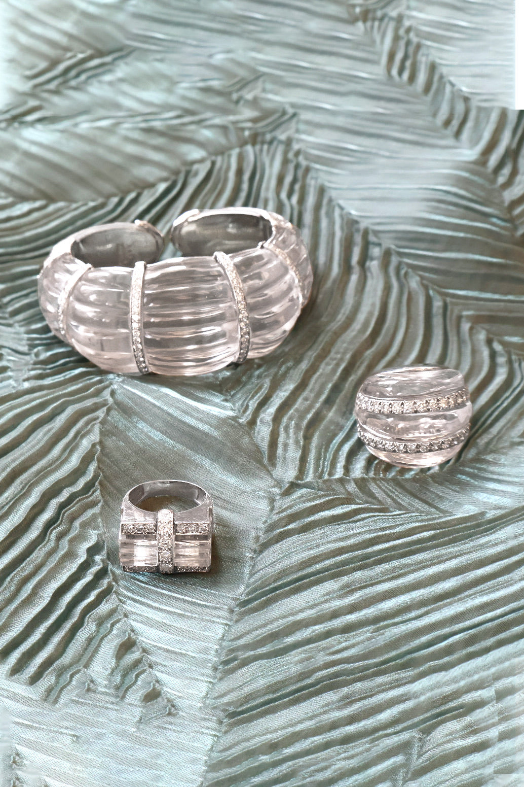 David Webb 18kt White Gold, Platinum, Rock Crystal, and Diamond Dome Ring