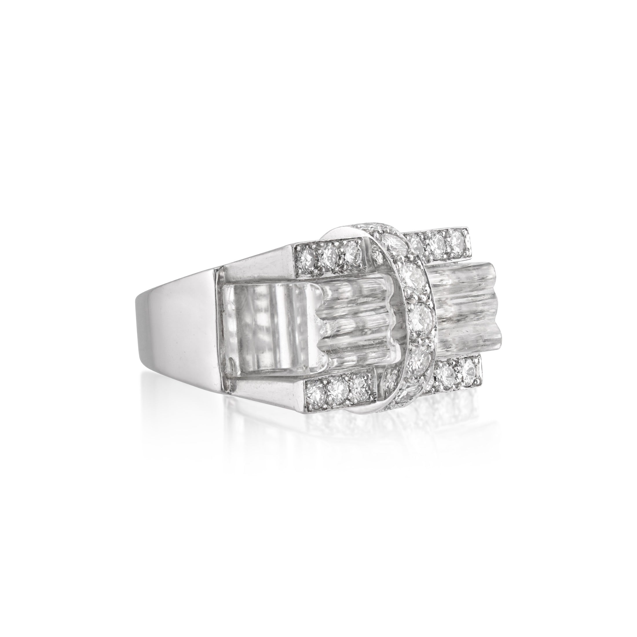 Side view of david webb rock crystal ring in 18kt white gold and platinum on white background