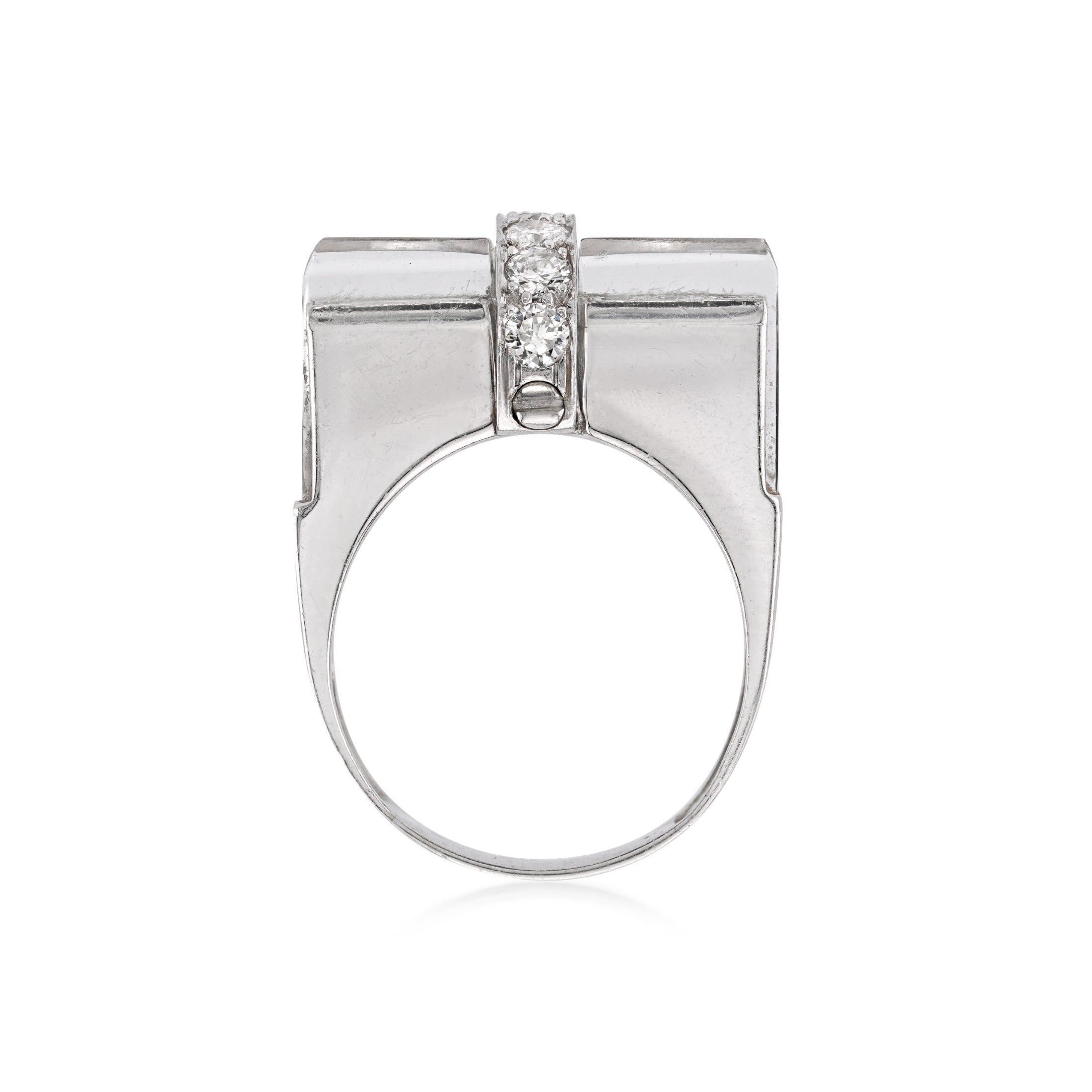 Side view of david webb 18kt white gold and platinum rock crystal ring