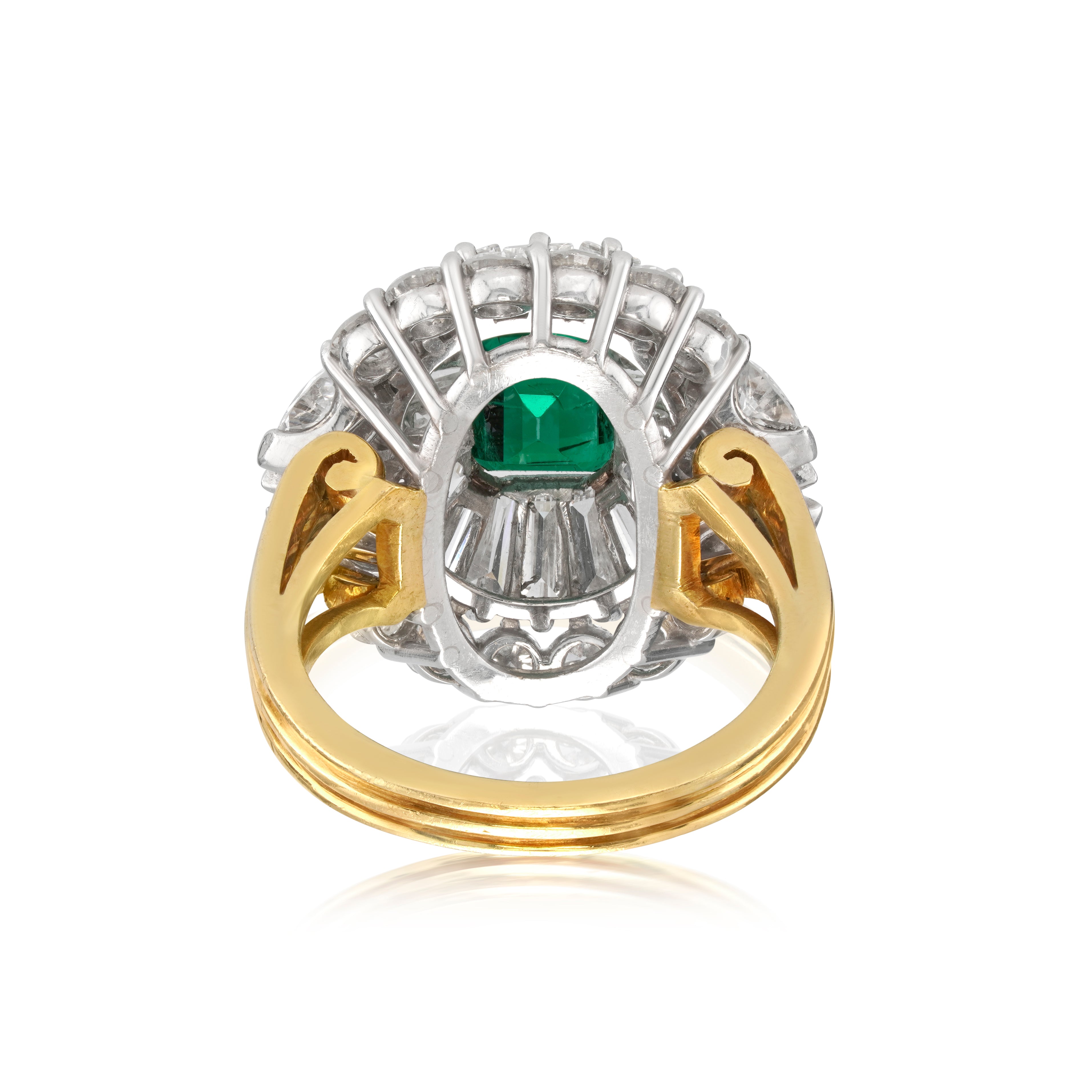 Emerald, Diamond, Platinum, Yellow Gold Diamond Ring, white background backside