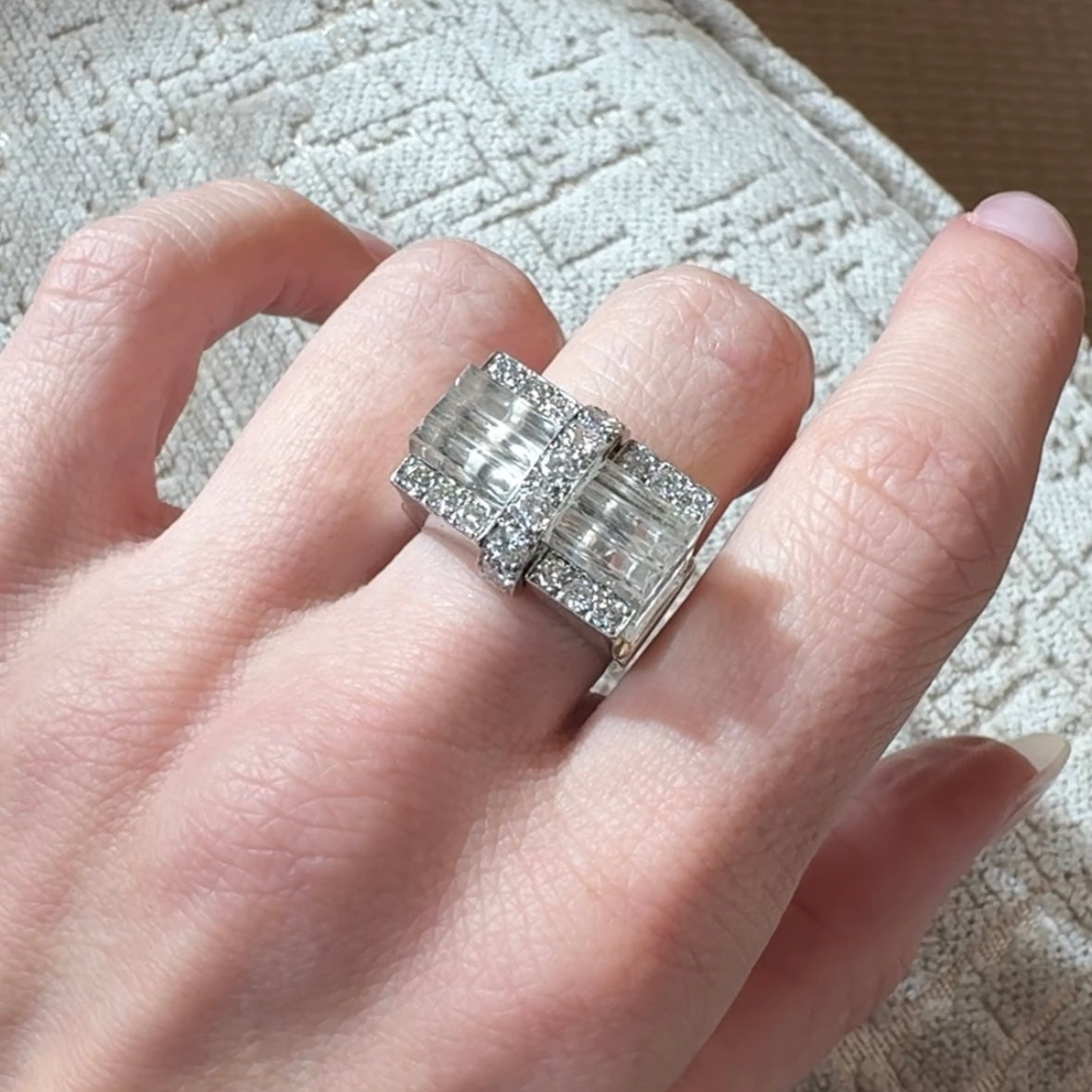 David Webb 18kt White Gold, Platinum, Rock Crystal, and Diamond Tuxedo Ring