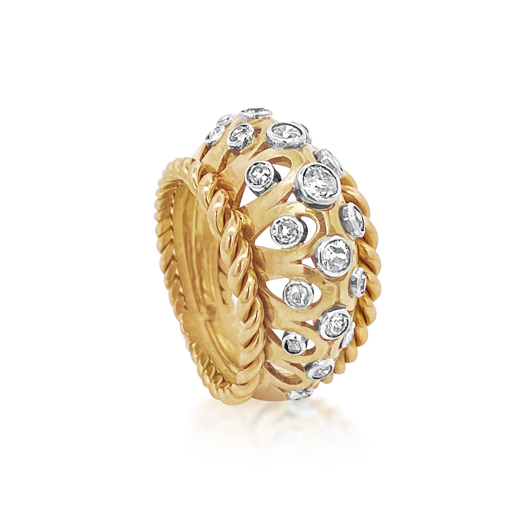 French 18kt Yellow Gold and Platinum Diamond Cocktail Ring