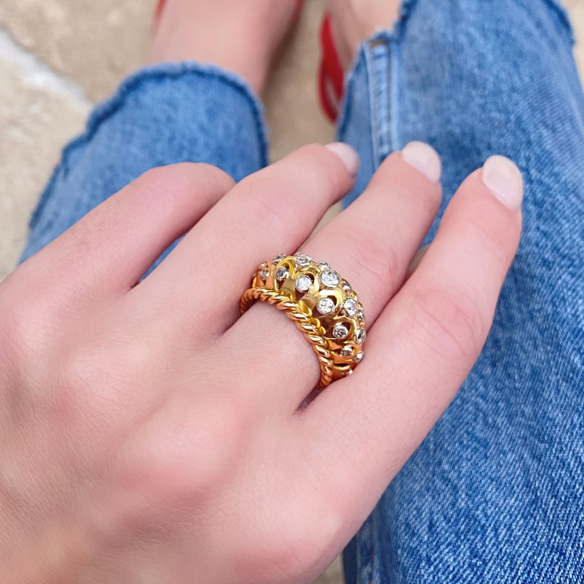 French 18kt Yellow Gold and Platinum Diamond Cocktail Ring