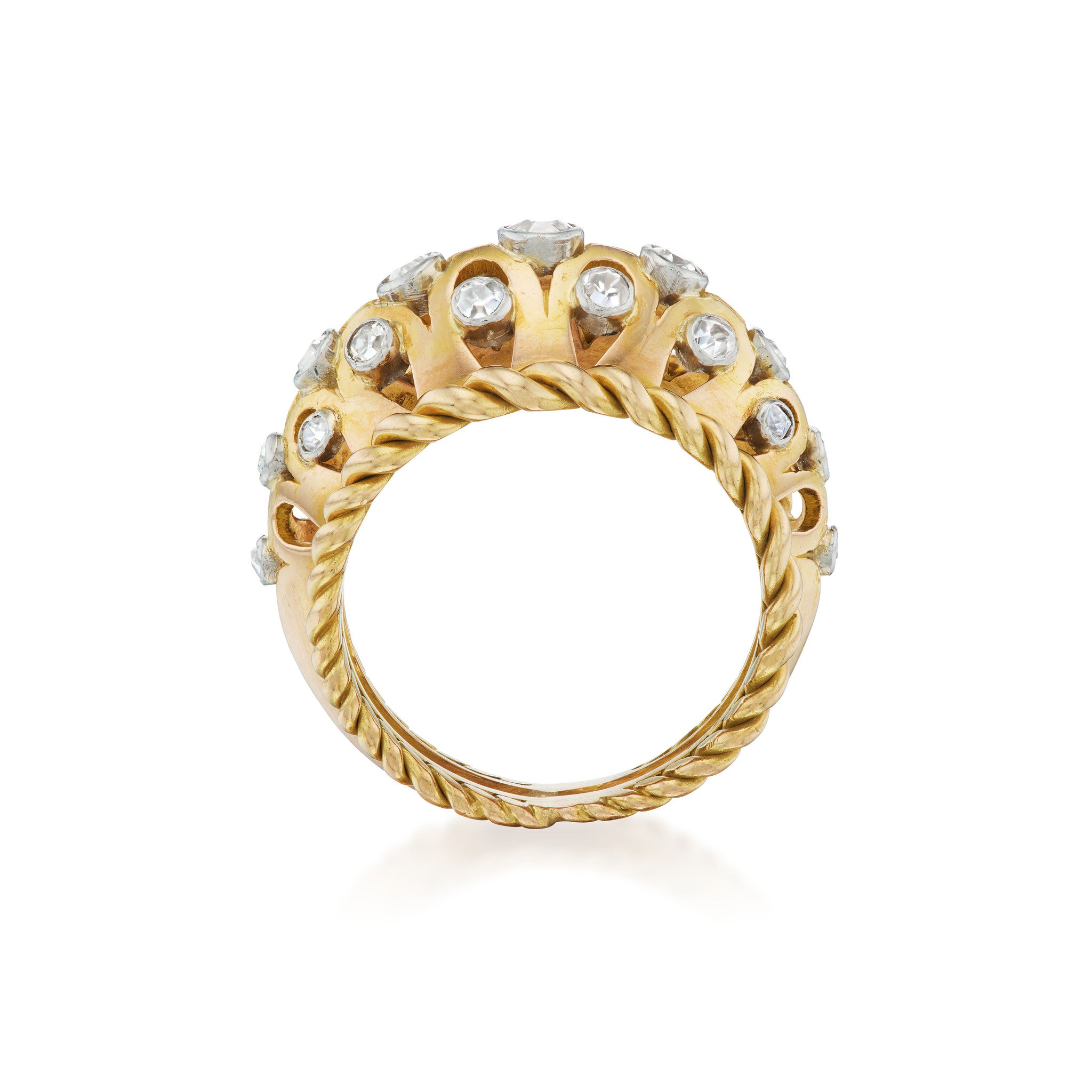 French 18kt Yellow Gold and Platinum Diamond Cocktail Ring