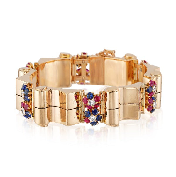 14kt Yellow Gold Gem Set Retro Tank Bracelet