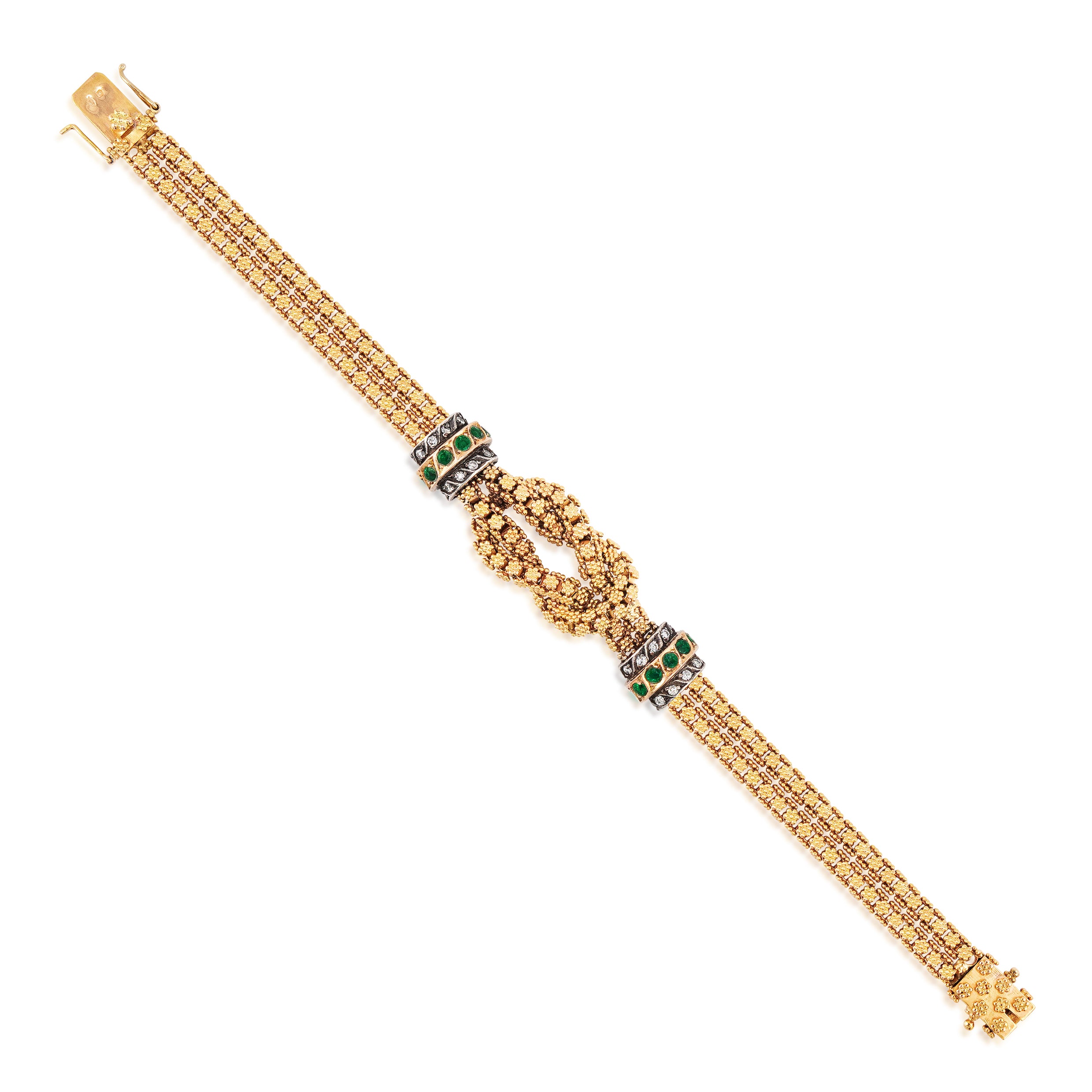 18kt Yellow Gold, Emerald, and Diamond Knot Chain Bracelet