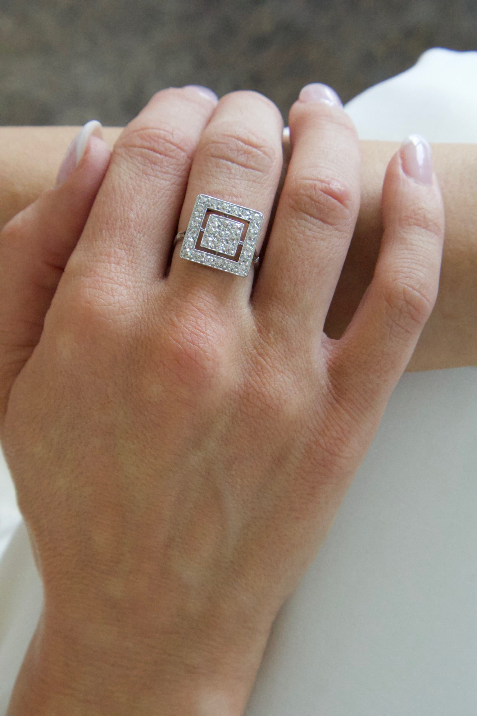 Art Deco Platinum and Diamond Square Ring