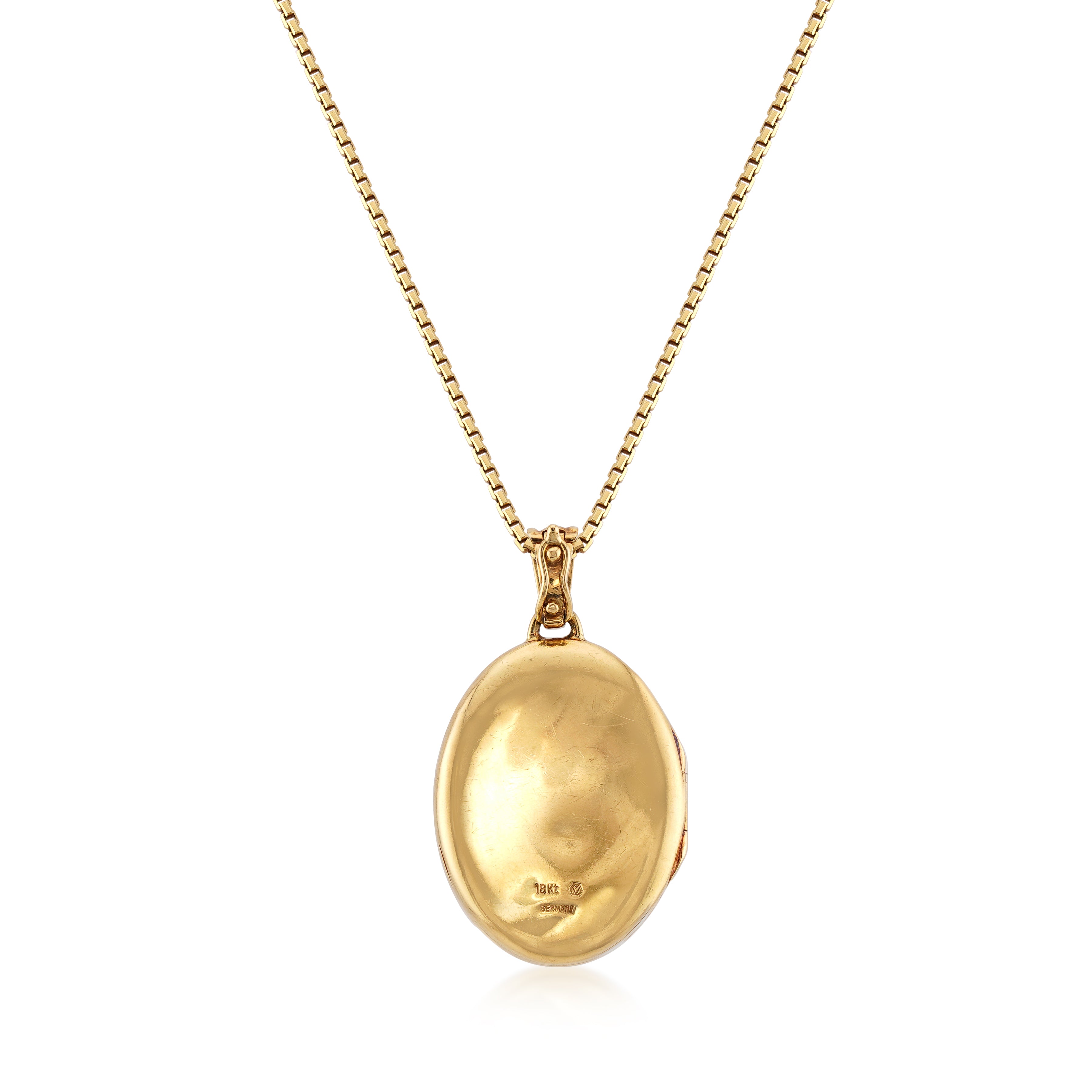 18kt uellow gold enamel and diamond locket necklace on white background, back view