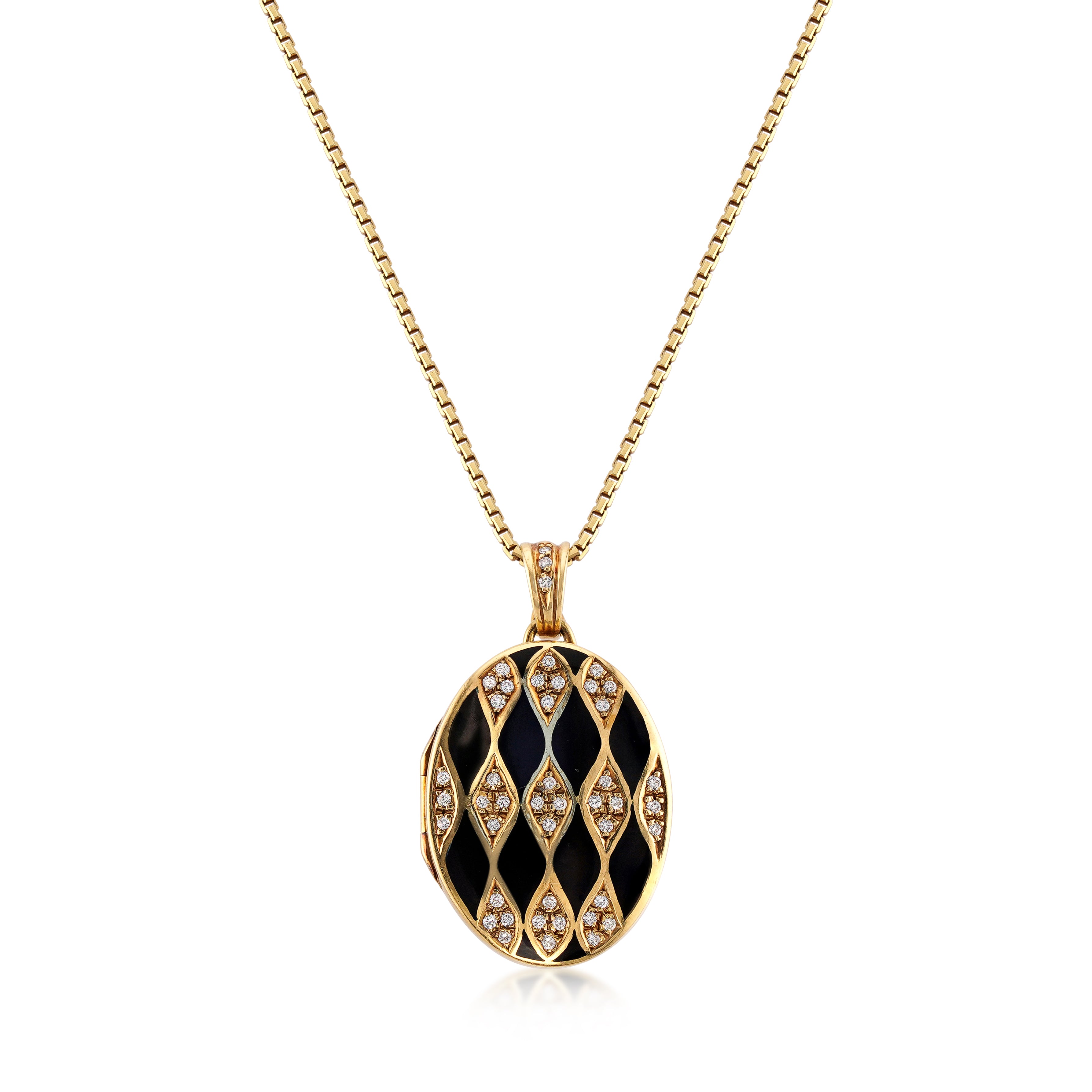18kt yellow gold diamond enamel locket necklace on white background
