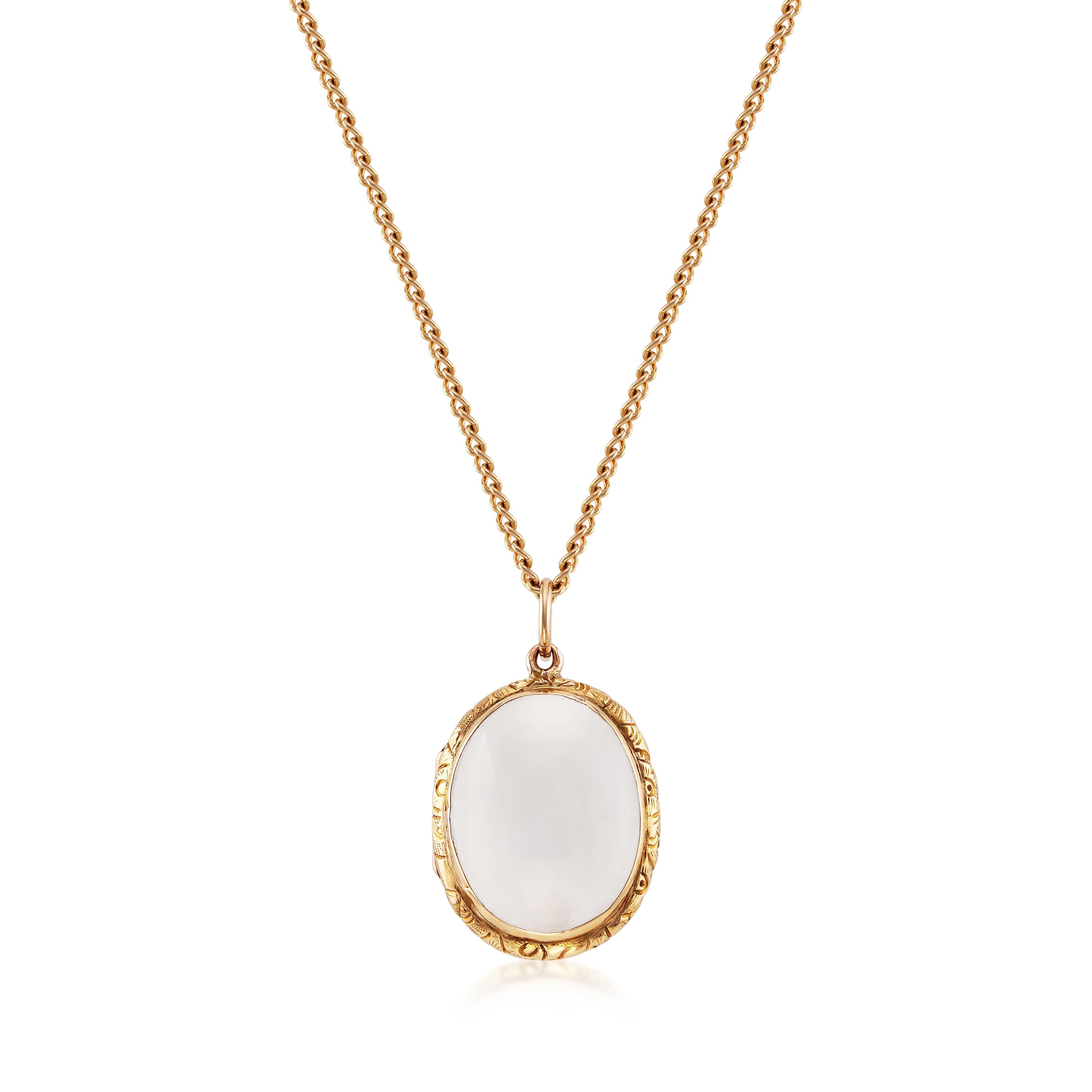 18kt Antique Gold Crystal Locket Necklace on white background