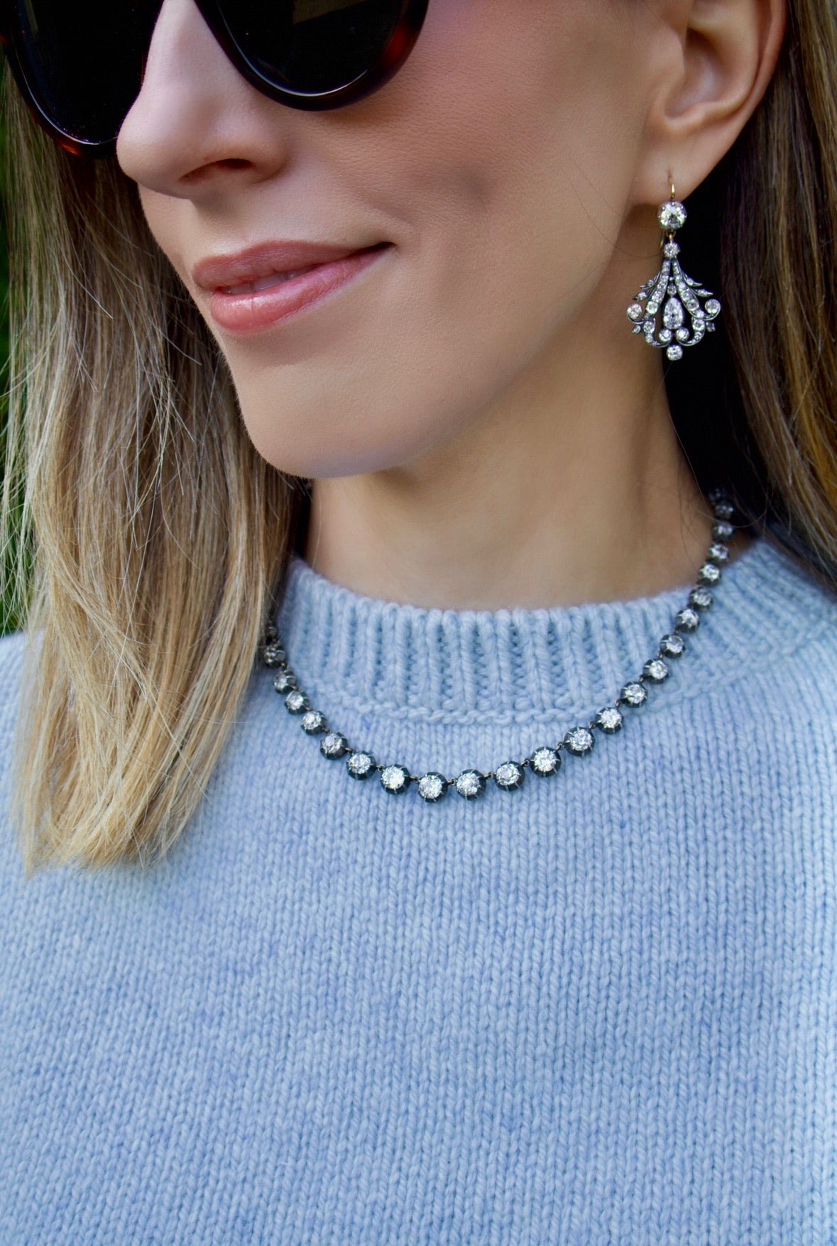 Silver and Yellow Gold Old Mine Diamond Rivière Necklace