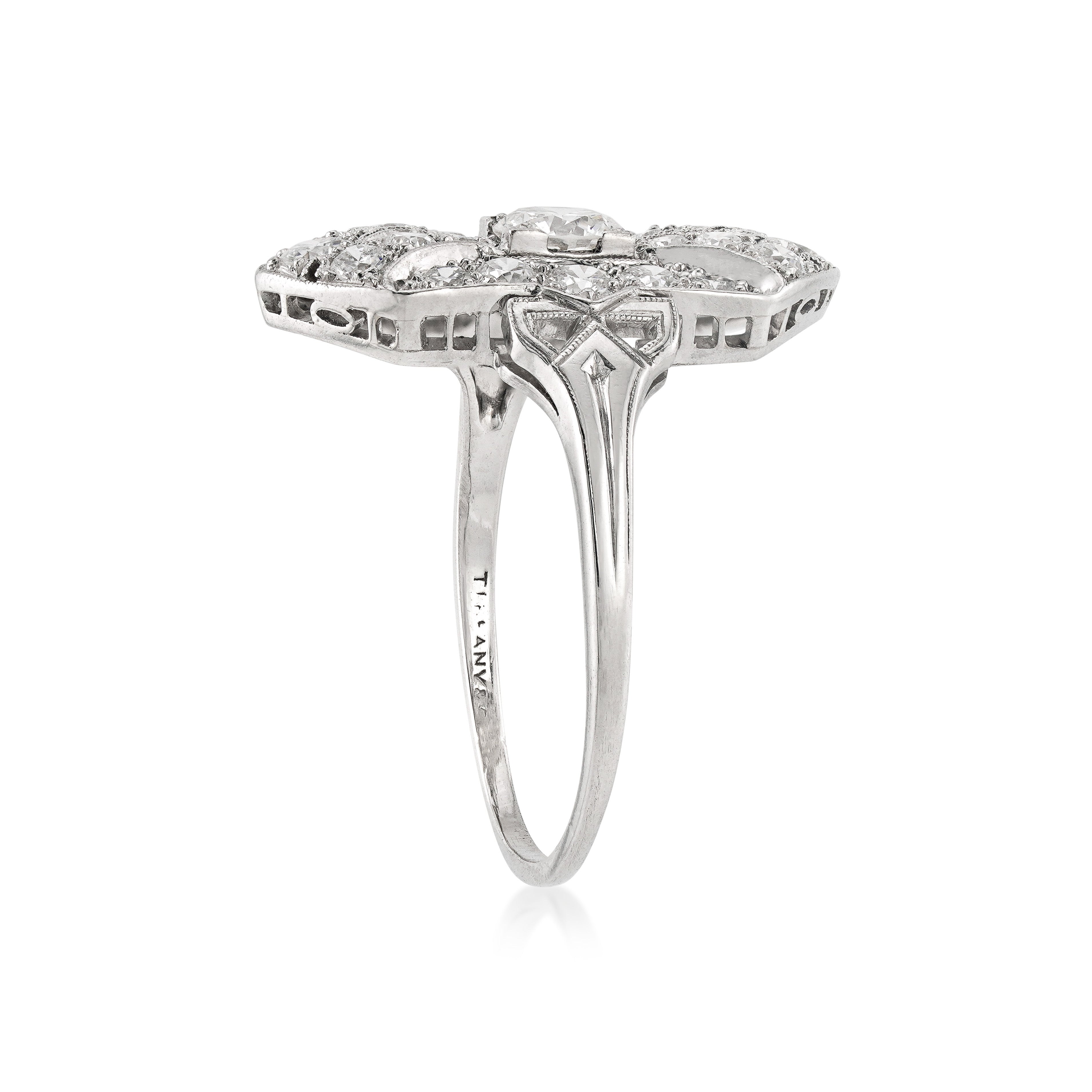 side view of the shank and undergallery of Art Deco Tiffany platinum and diamond navette shaped ring on white background