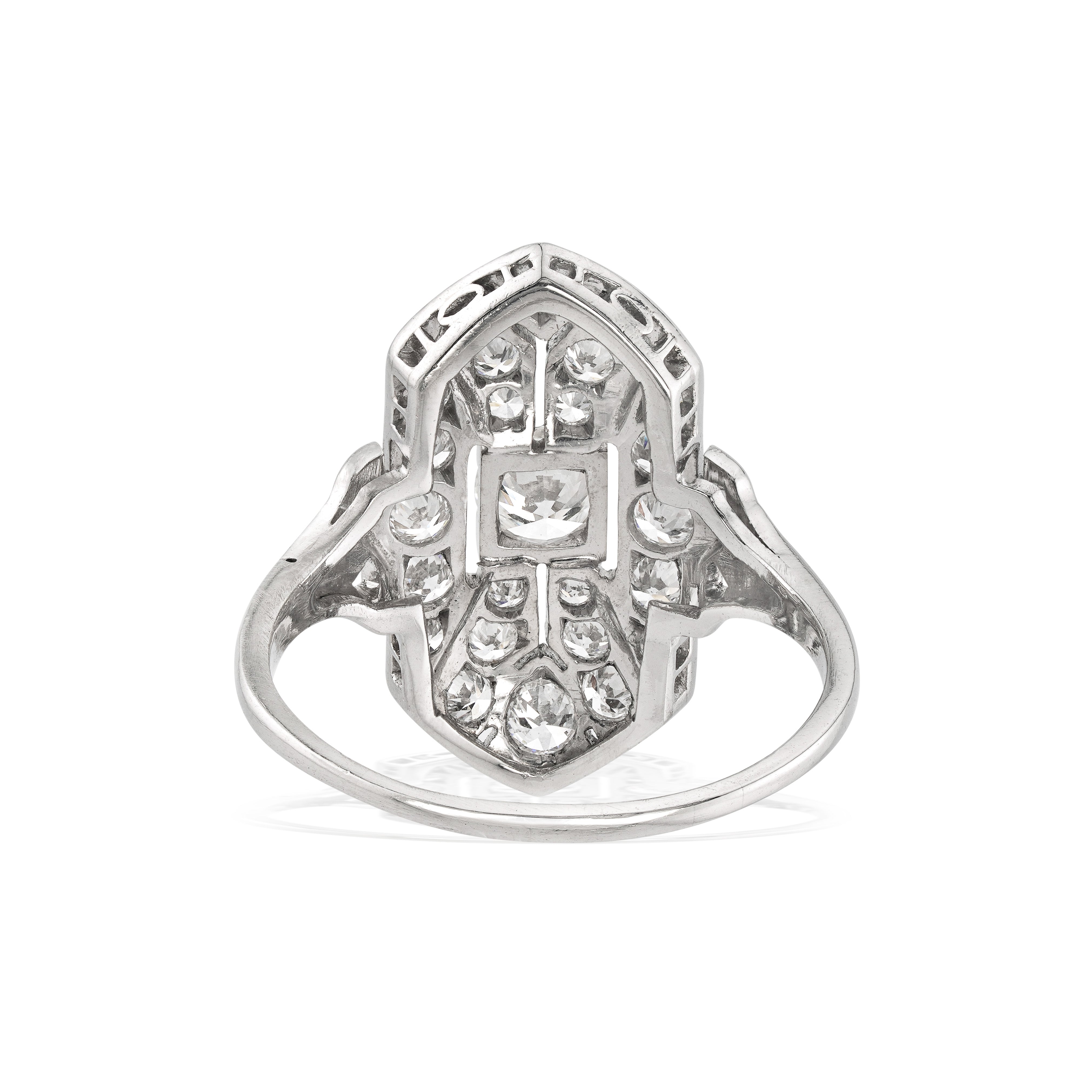 back of Art Deco Tiffany platinum and diamond navette shaped ring on white background