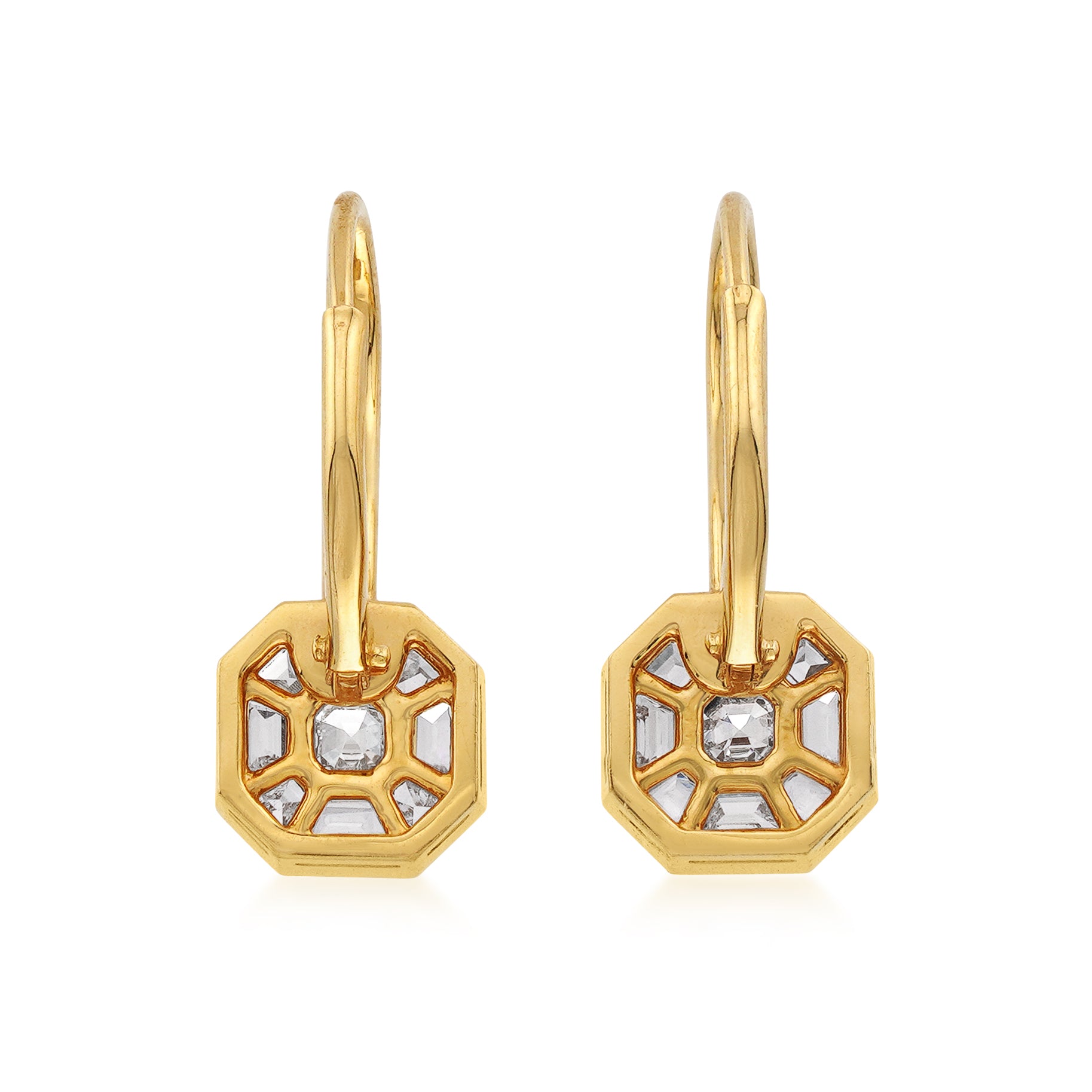 18kt yellow gold diamond drop earrings, back view on white background