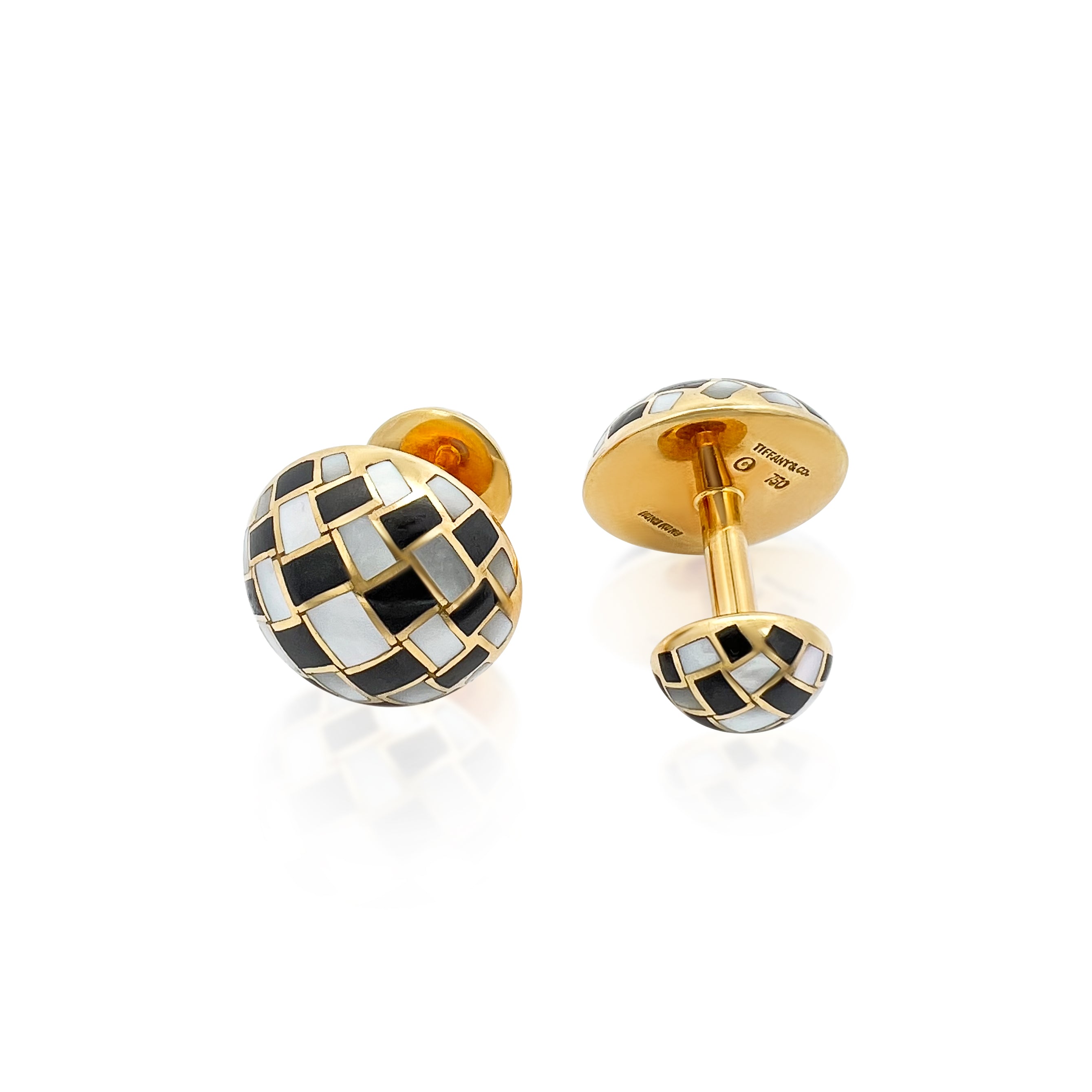 Tiffany & Co. 18K Yellow Gold Mother of Pearl and Onyx Inlaid Cufflinks