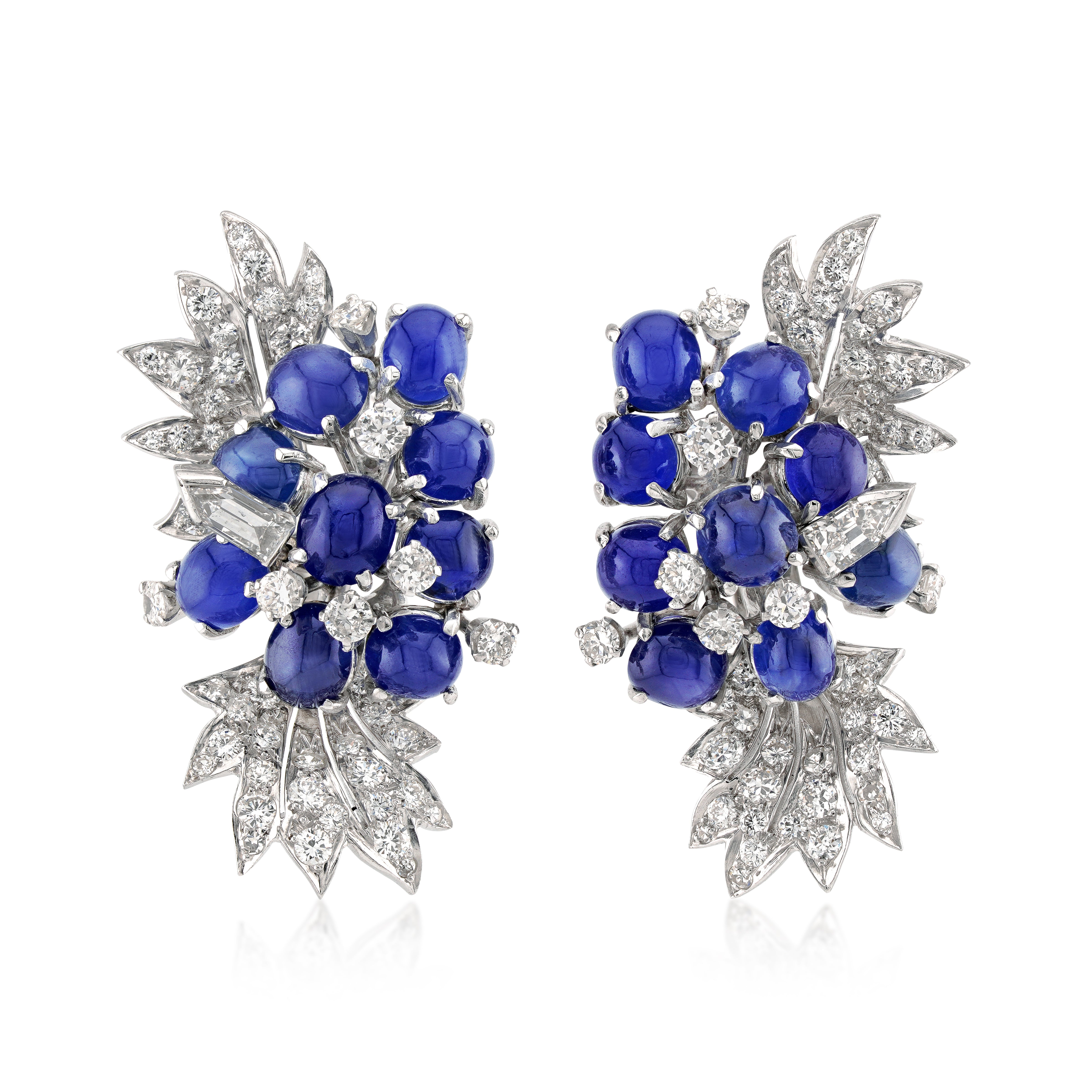 David Webb Platinum, Cabochon Sapphire, and Diamond Earclips