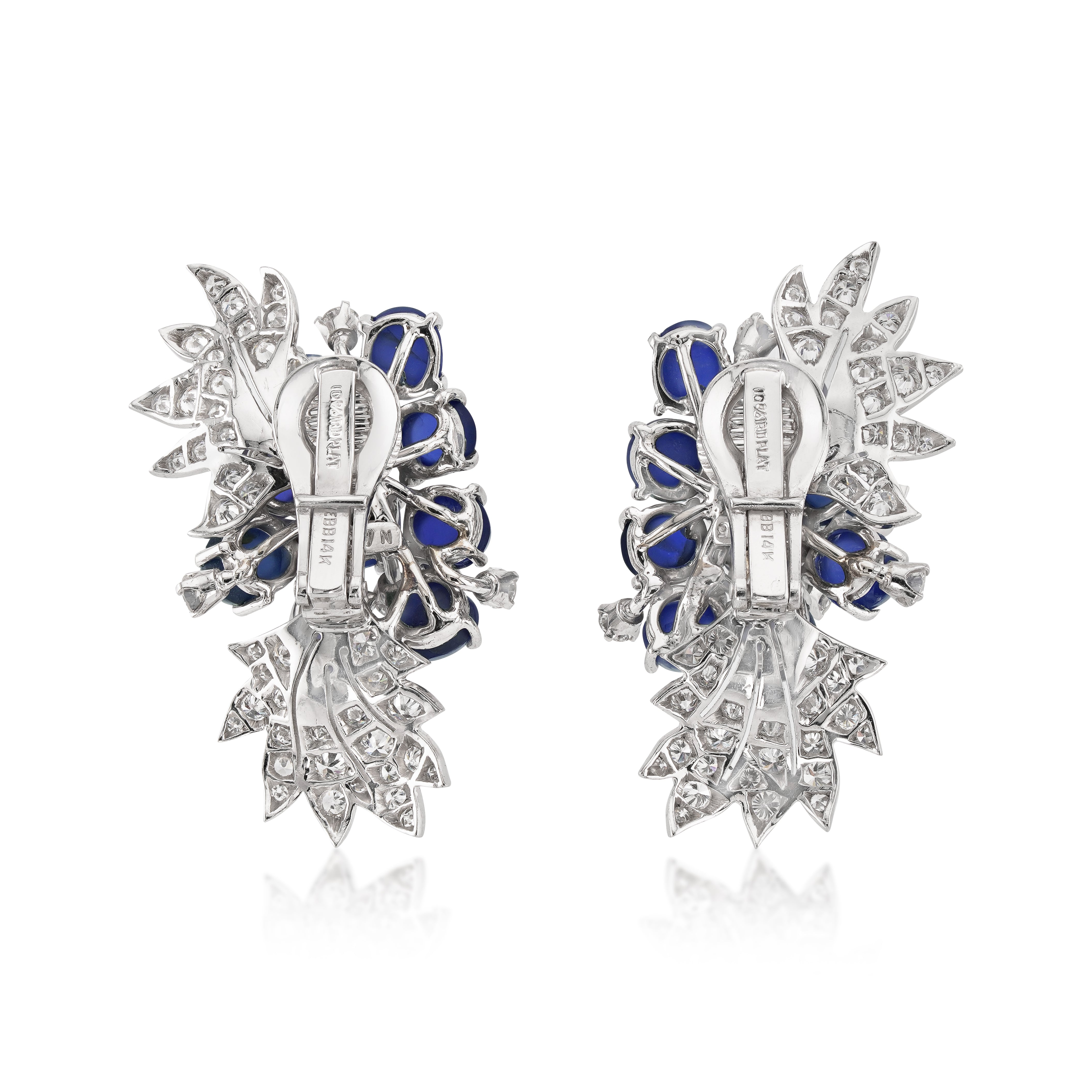 David Webb Platinum, Cabochon Sapphire, and Diamond Earclips