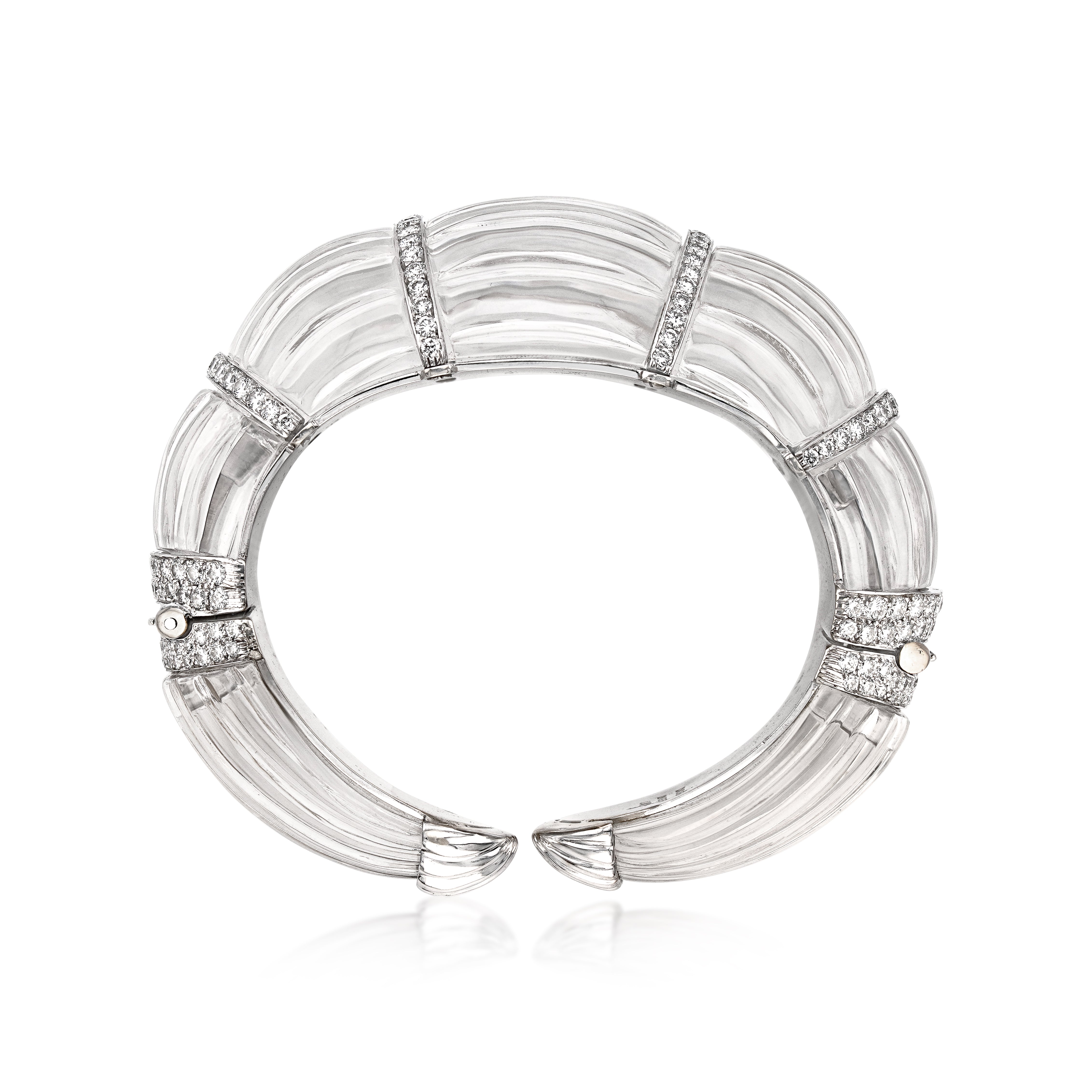 David Webb 18kt white gold and platinum rock crystal cuff bracelet on white background