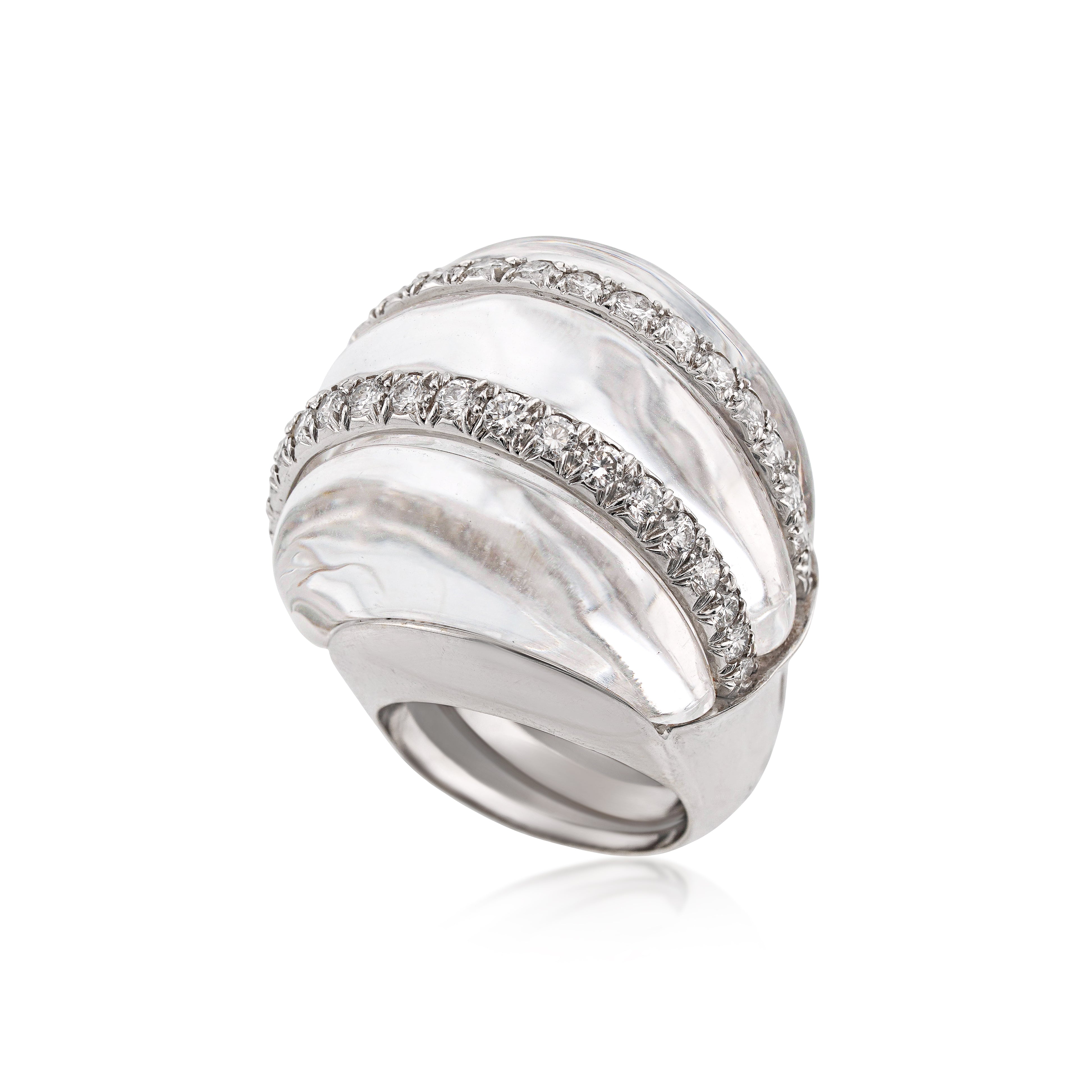 David Webb 18kt White Gold, Platinum, Rock Crystal, and Diamond Dome Ring