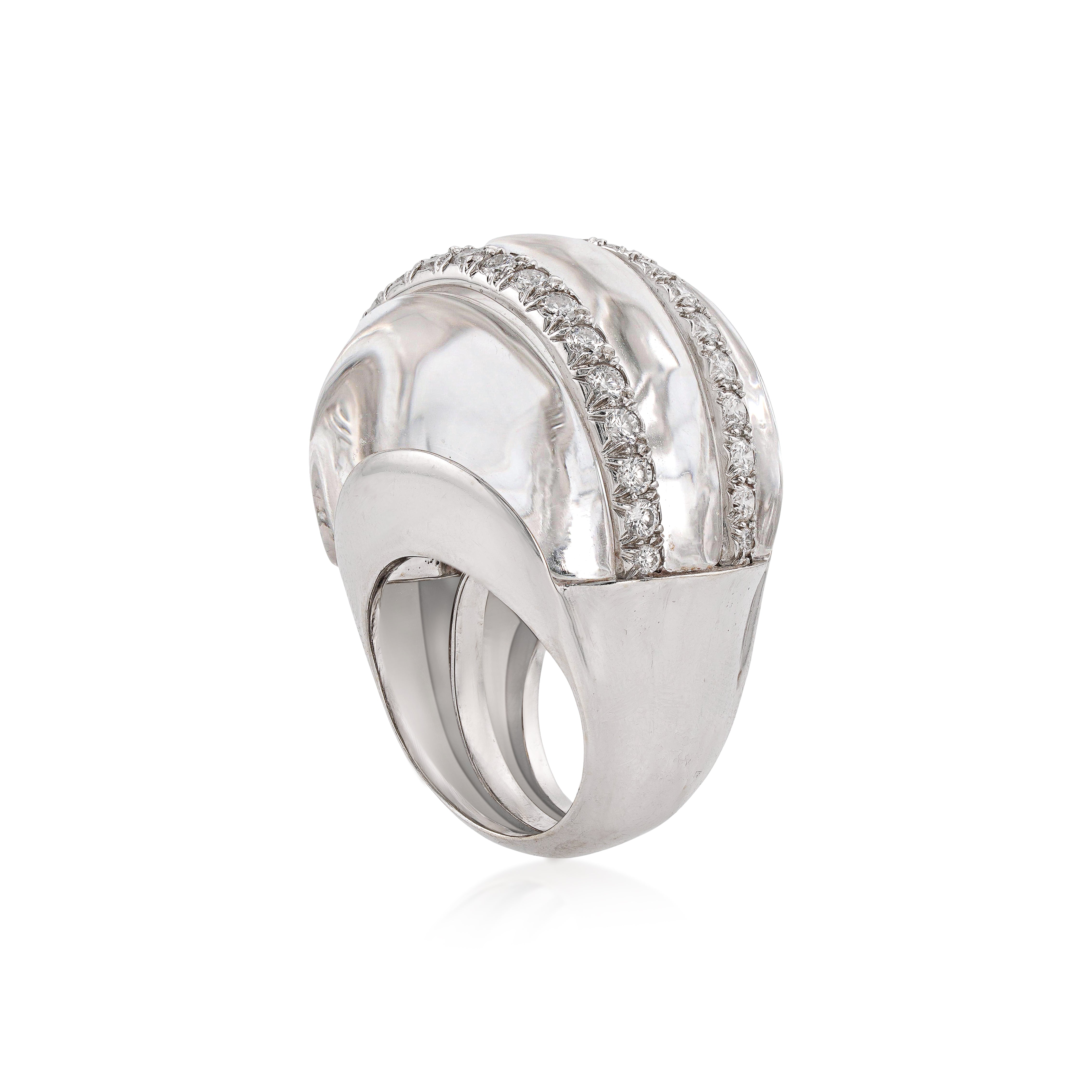 David Webb 18kt White Gold, Platinum, Rock Crystal, and Diamond Dome Ring