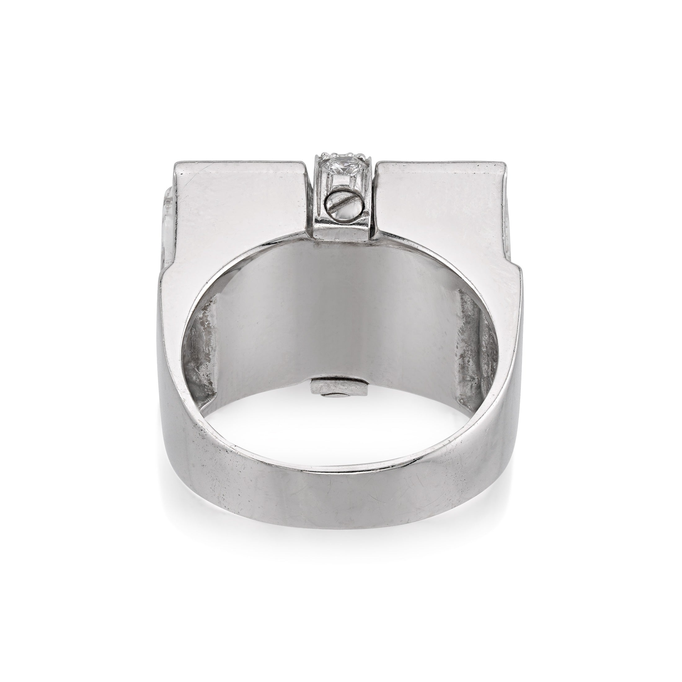 Back view of david webb 18kt white gold and platinum rock crystal ring on white background