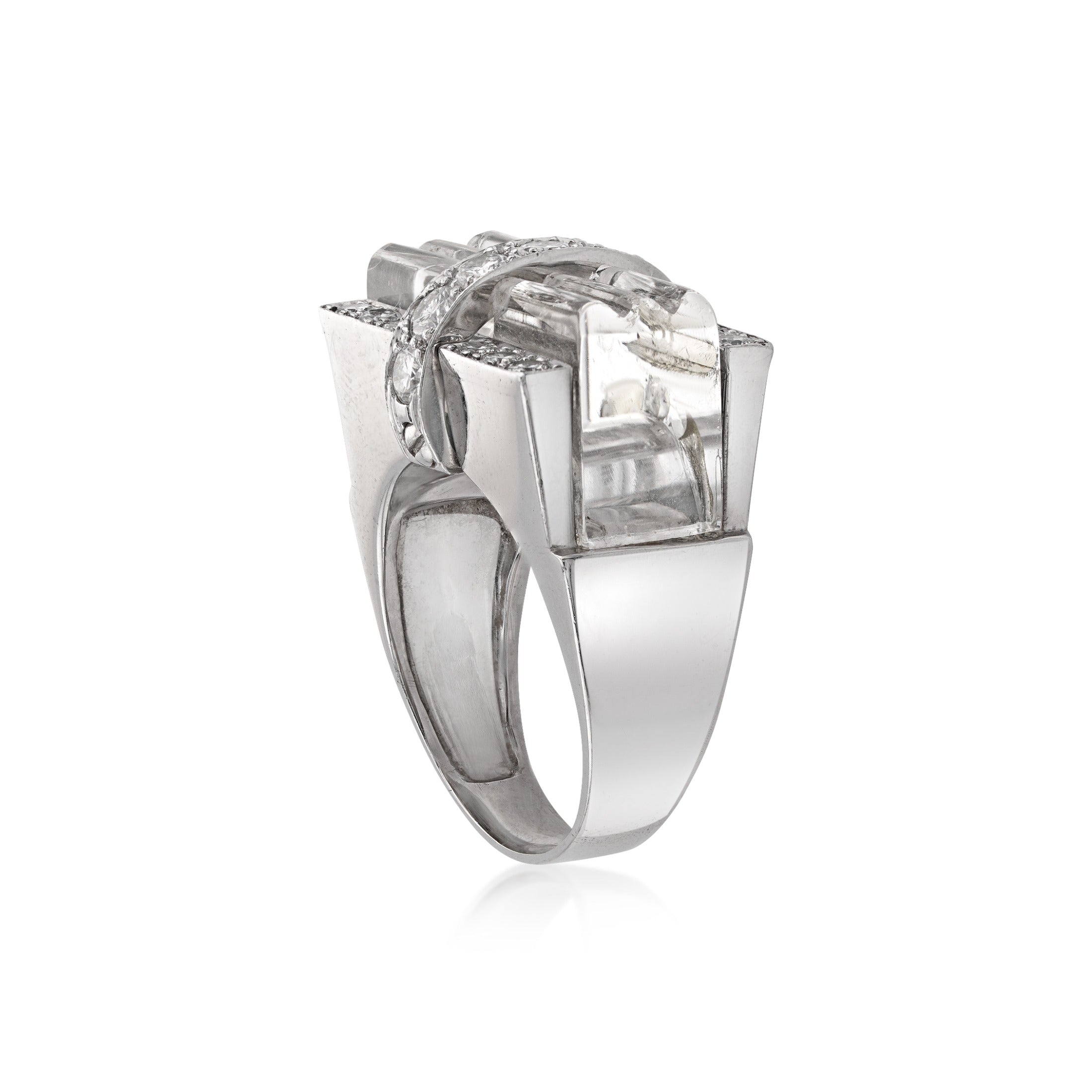 Side view of david webb rock crystal ring in 18kt white gold and platinum on white background