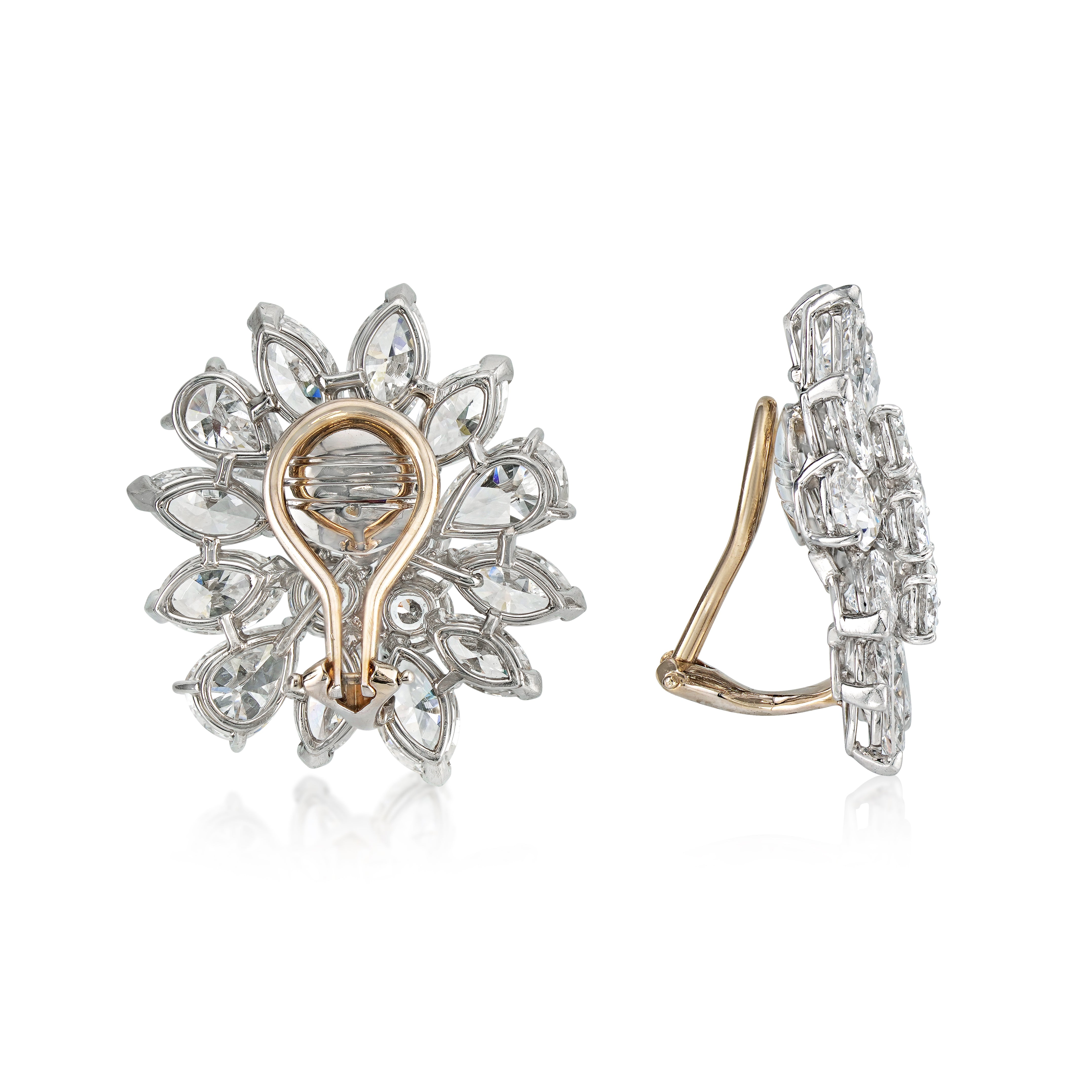 Platinum diamond cluster earrings, side and back view on white background