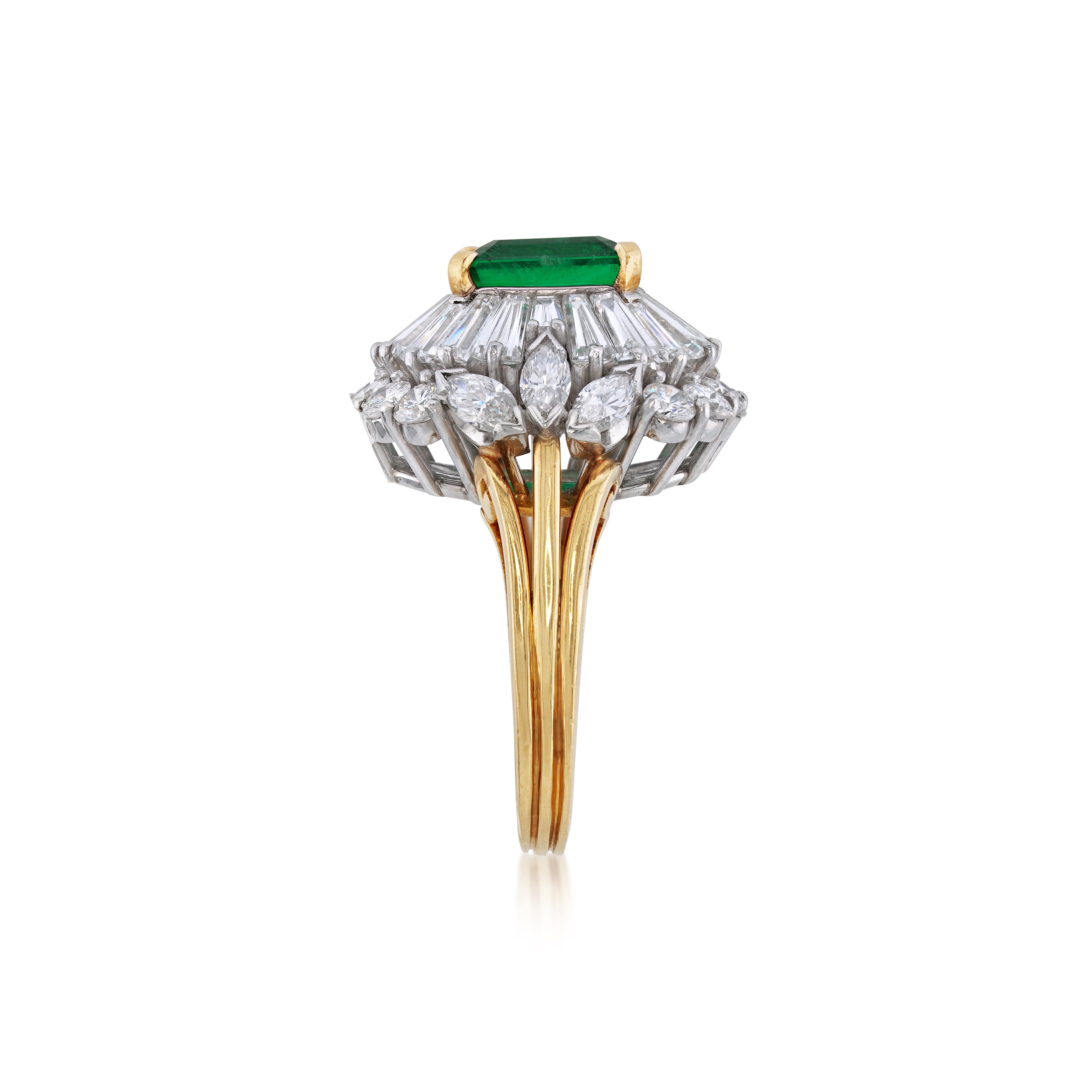 Platinum, Emerald, Yellow Gold, Diamond Cocktail Ring, on white background side view