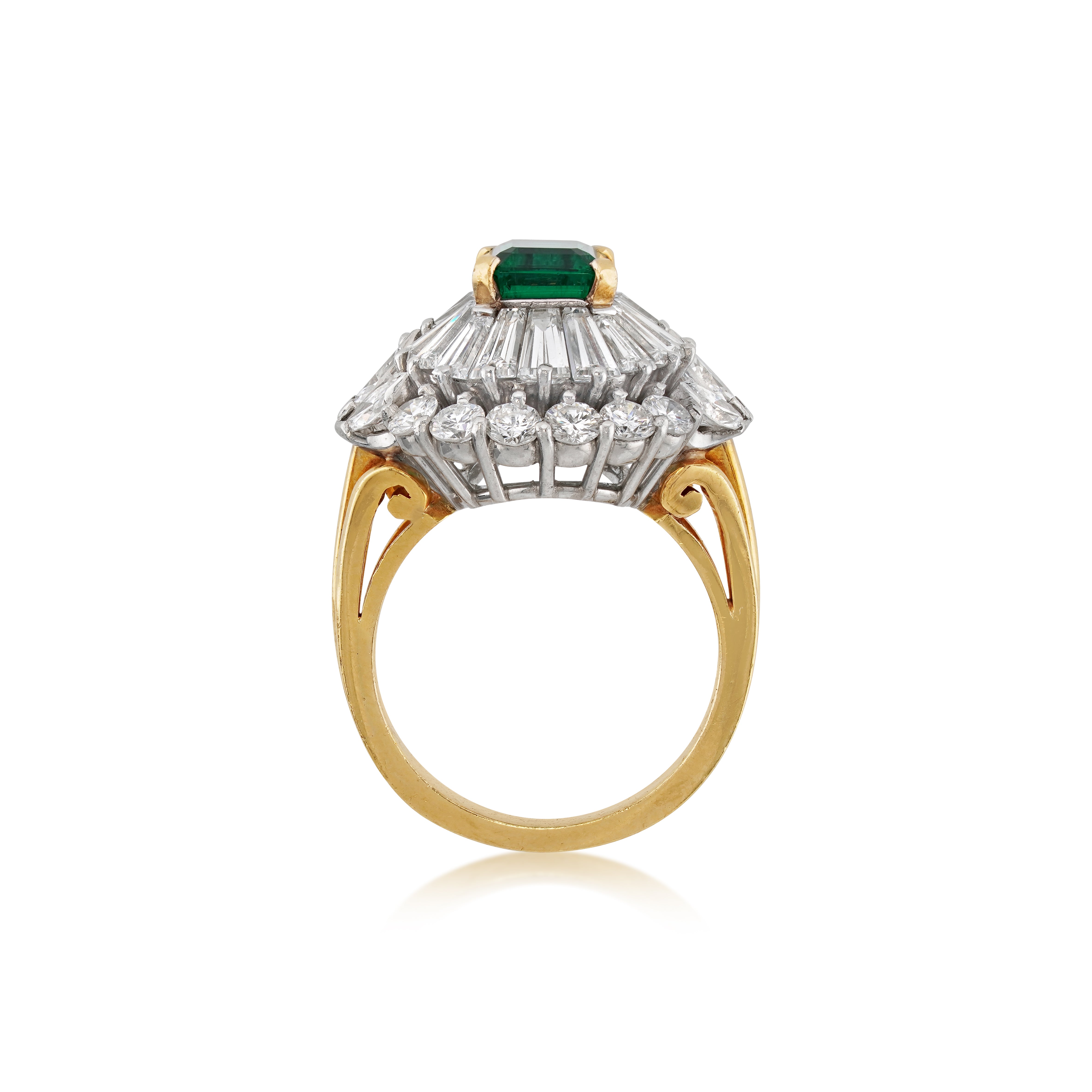 Emerald, Diamond, Platinum, Yellow Gold Cocktail Ring on white background, side view
