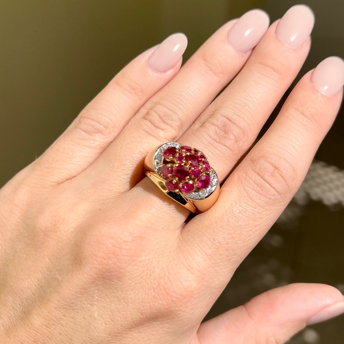 Retro 18kt Yellow Gold Ruby and Diamond Retro Dome Ring