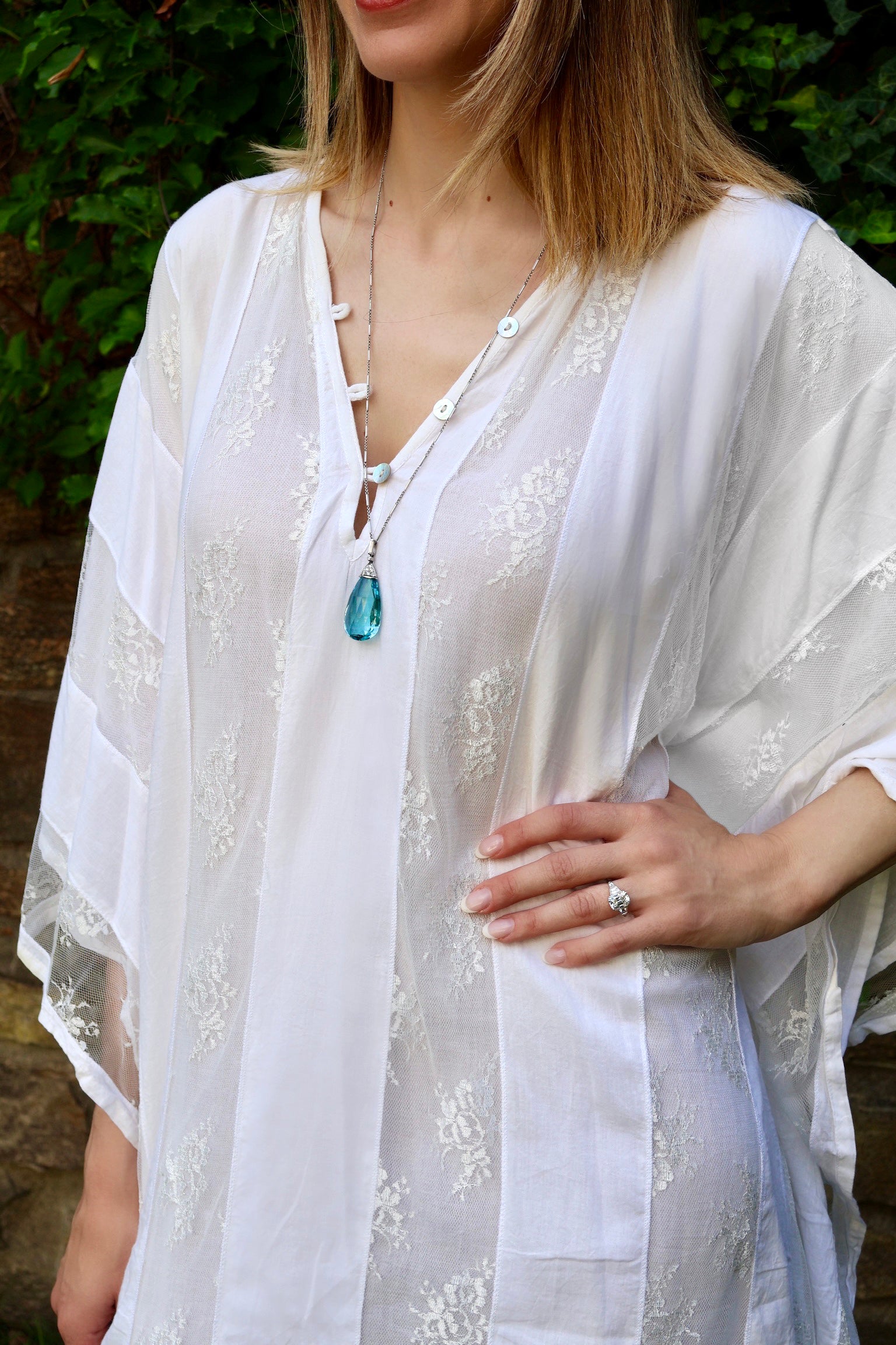 Platinum, Briolette Aquamarine, and Diamond Pendant Necklace