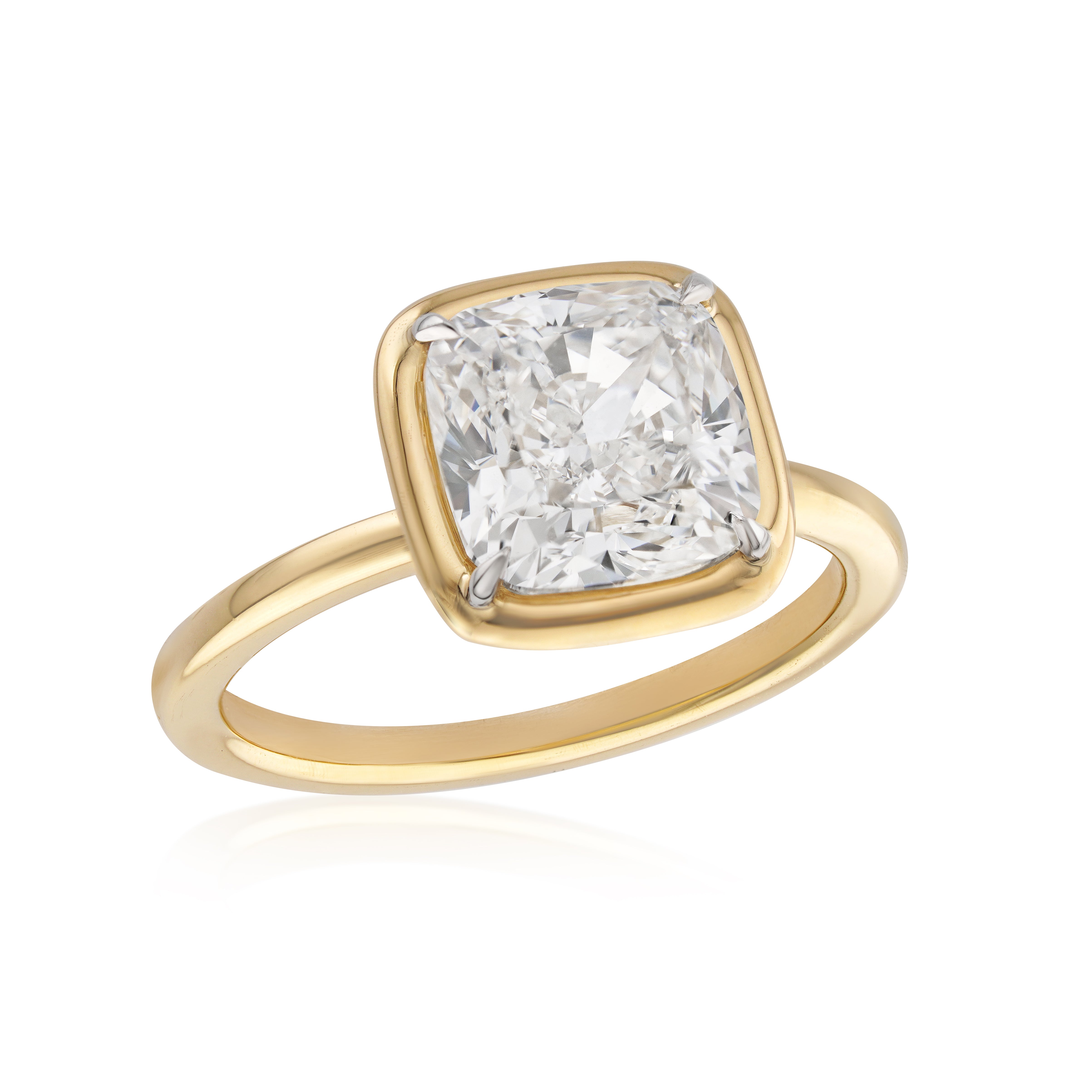 Custom Bezel Set Cushion Diamond Engagement Ring in 18kt Yellow Gold