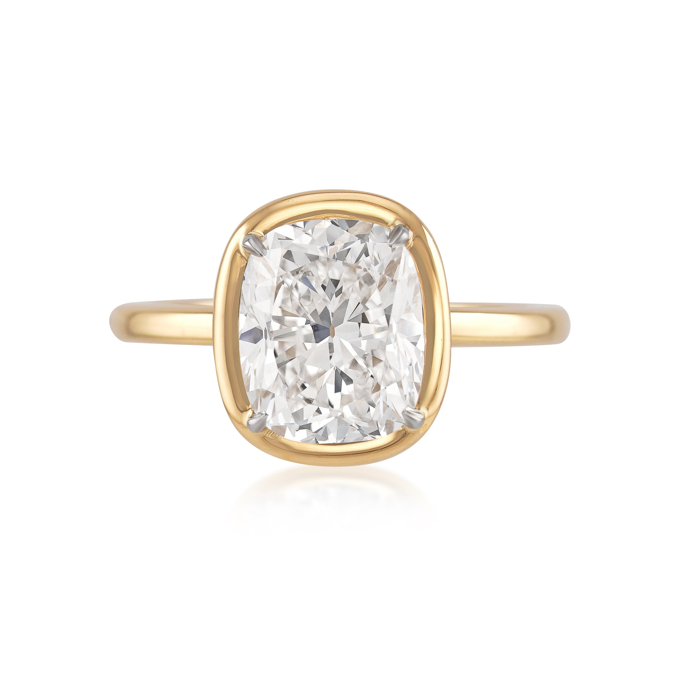 Custom Bezel Set Cushion Diamond Engagement Ring in 18kt Yellow Gold